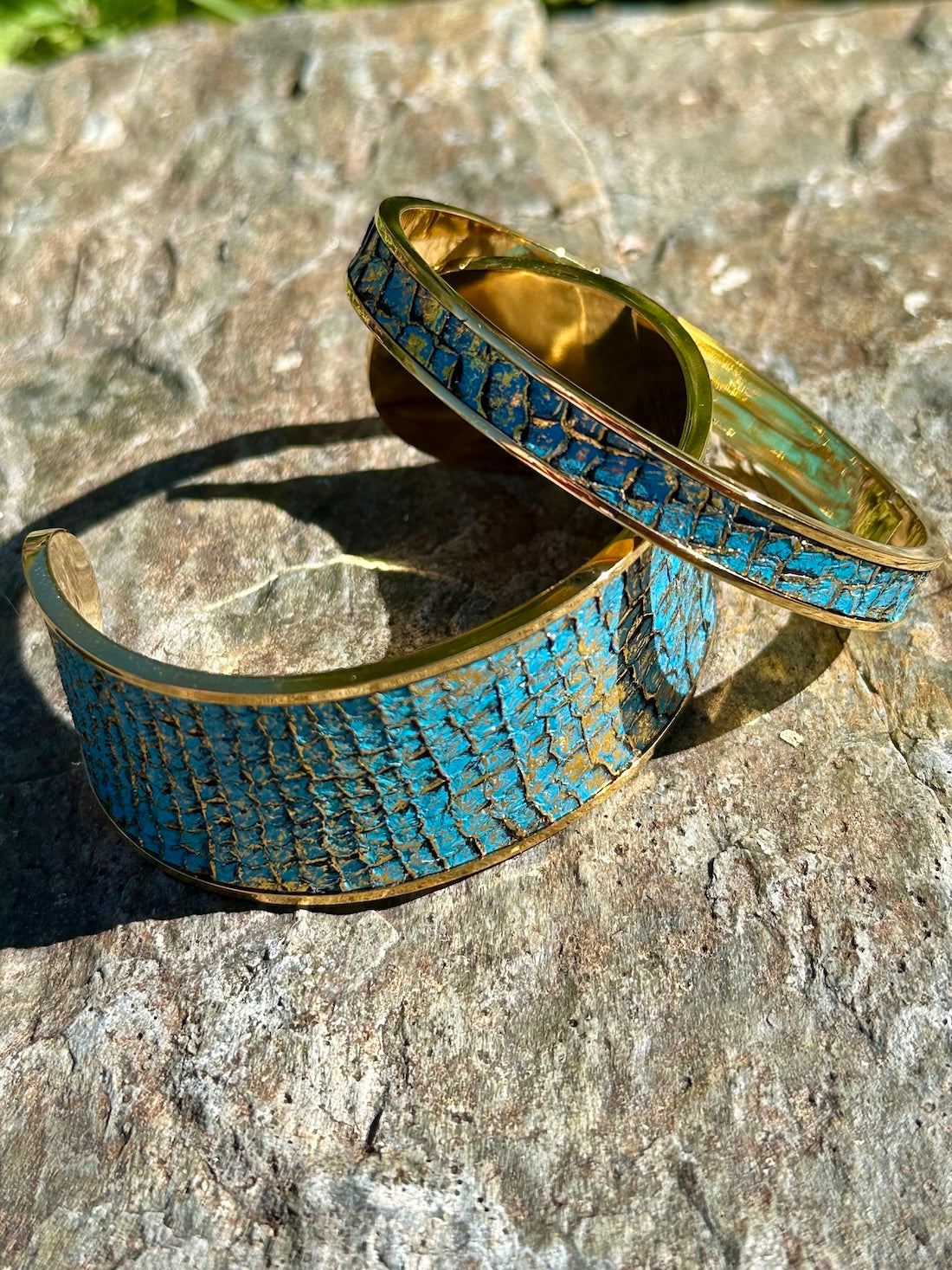 Gold & Turquoise Salmon Leather Cuff - Wide