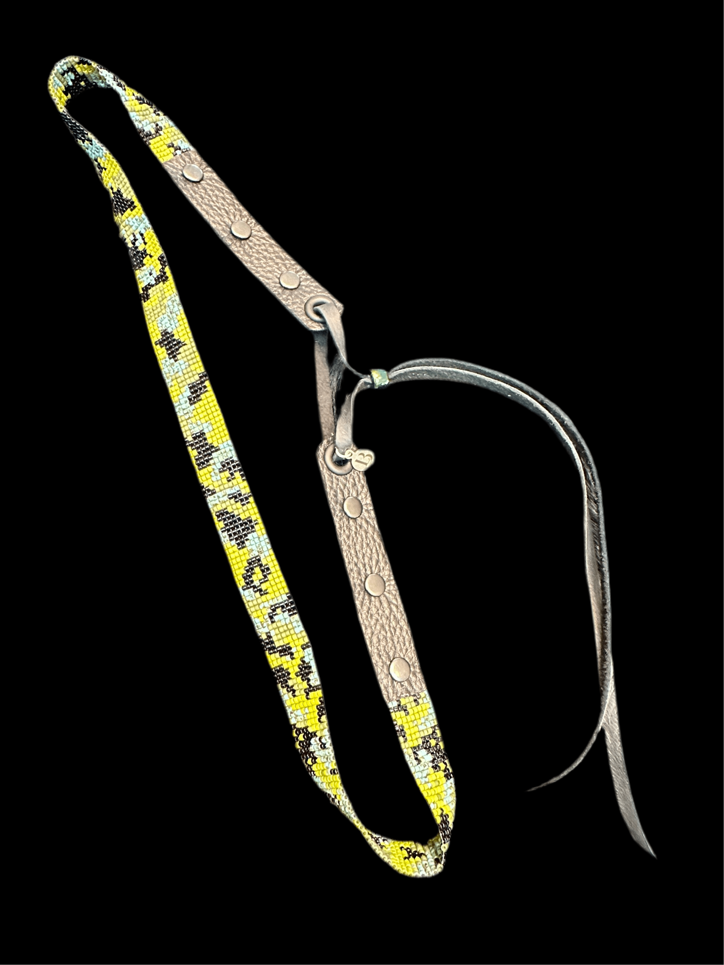 Bridger Leather Hatband Camo Beaded Hatband made with Japanese glass beads in bright green, black and light blue.  The hat band is fully adjustable with a leather lace tie with beaded toggle to fit your hat.