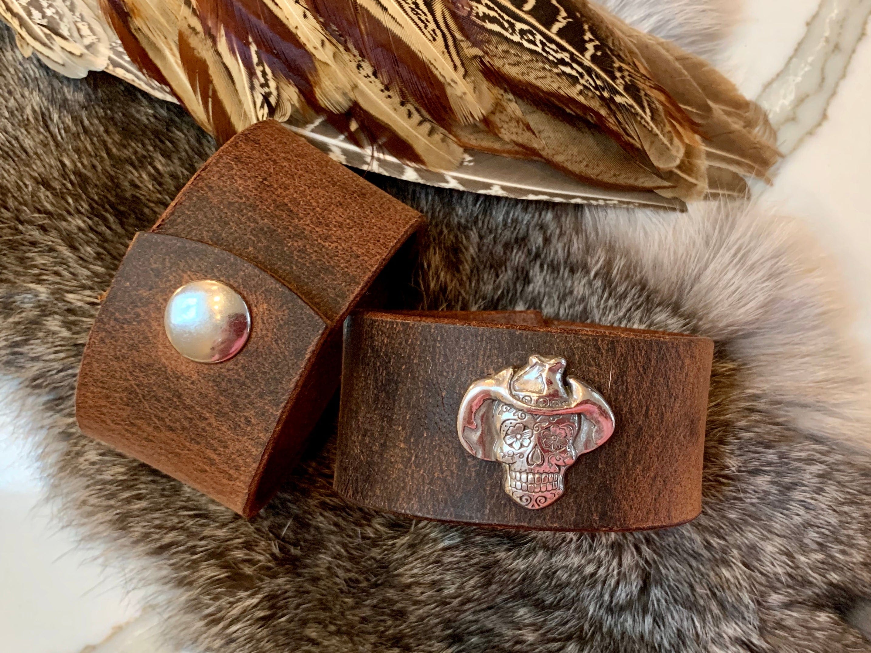 Bridger Leather Cuff Bracelet Cowboy Hat Skull Cinco de Mayo Leather Cuffs