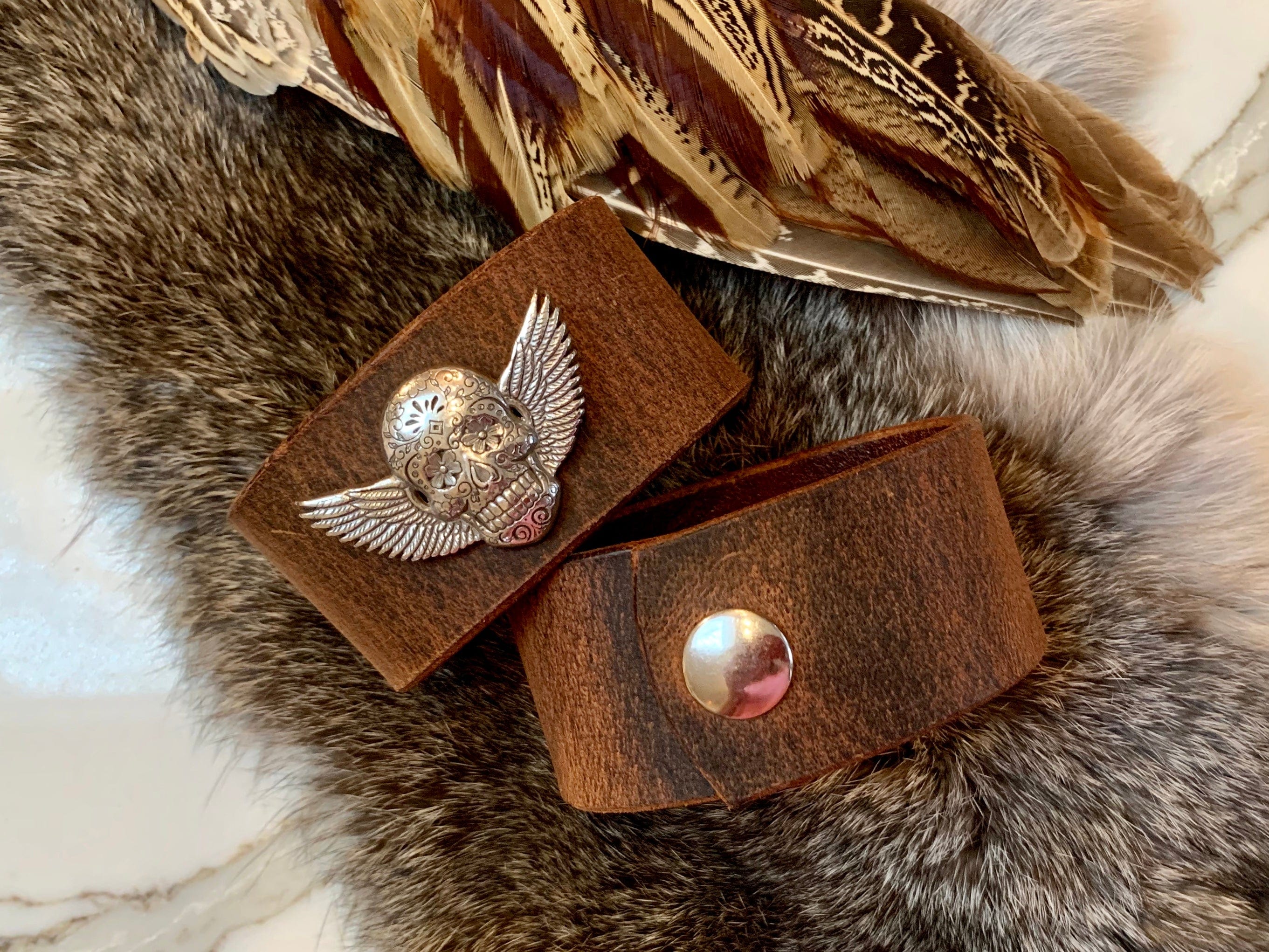 Bridger Leather Cuff Bracelet Winged Skull Cinco de Mayo Leather Cuffs