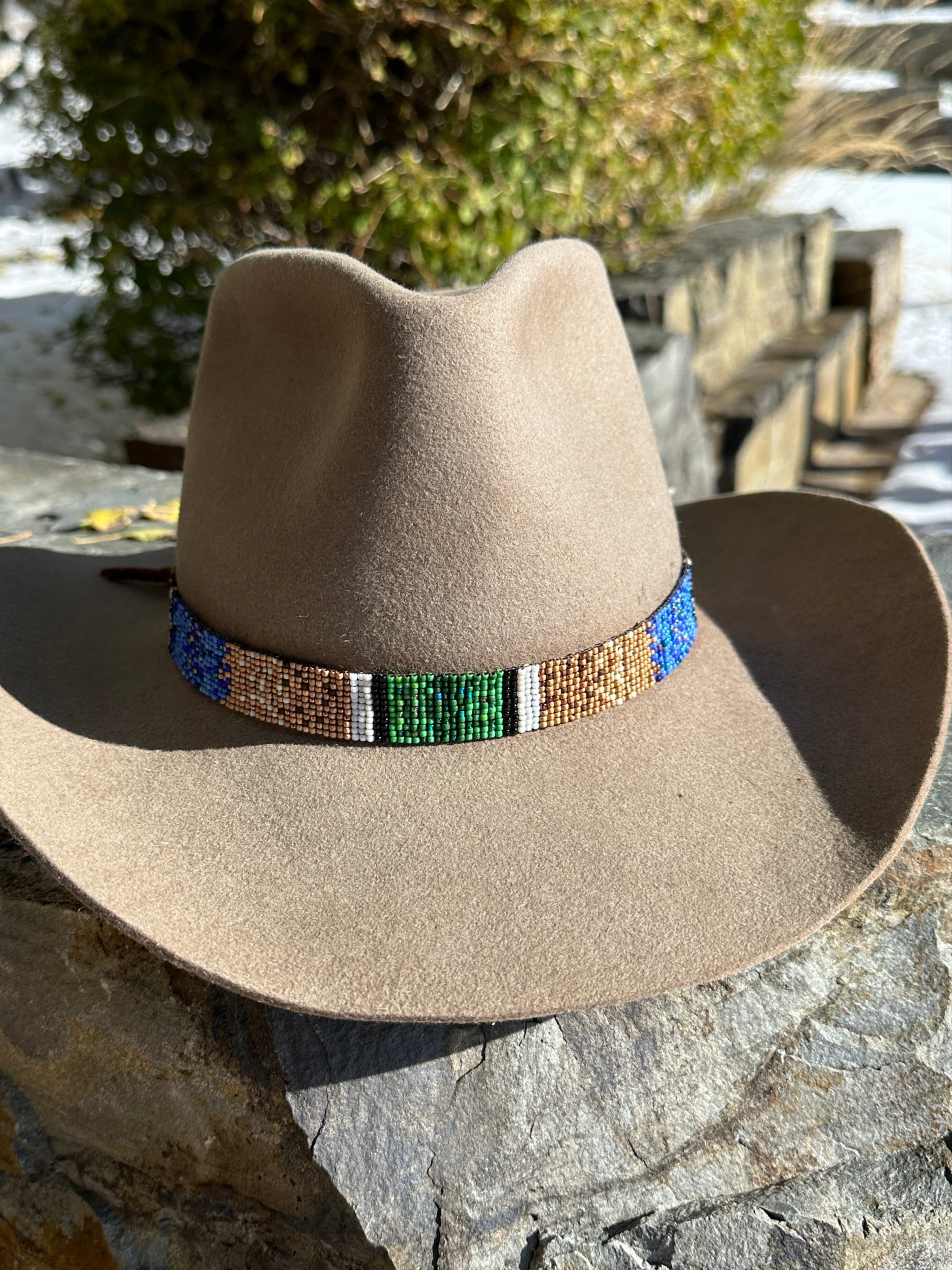 Bridger Leather Mallard Hatband: tan beaver cowboy hat with beaded hatband.  Hat band colors are green, blue, black, white and tan mimicking the colors of the mallard drake duck.