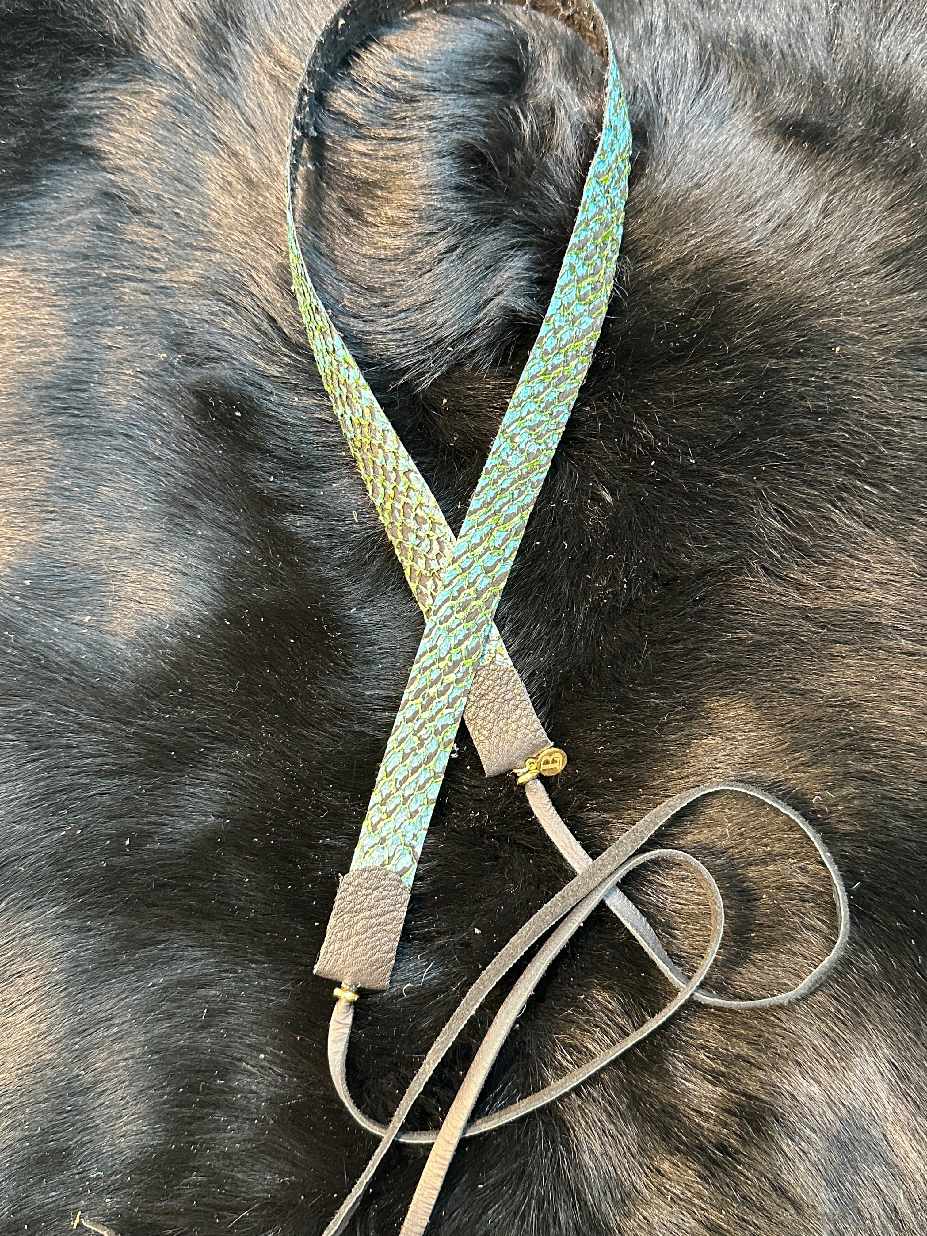 Bridger Leather Hatband Turquoise-Black with Bright Green Metallic Salmon Leather Hatbands
