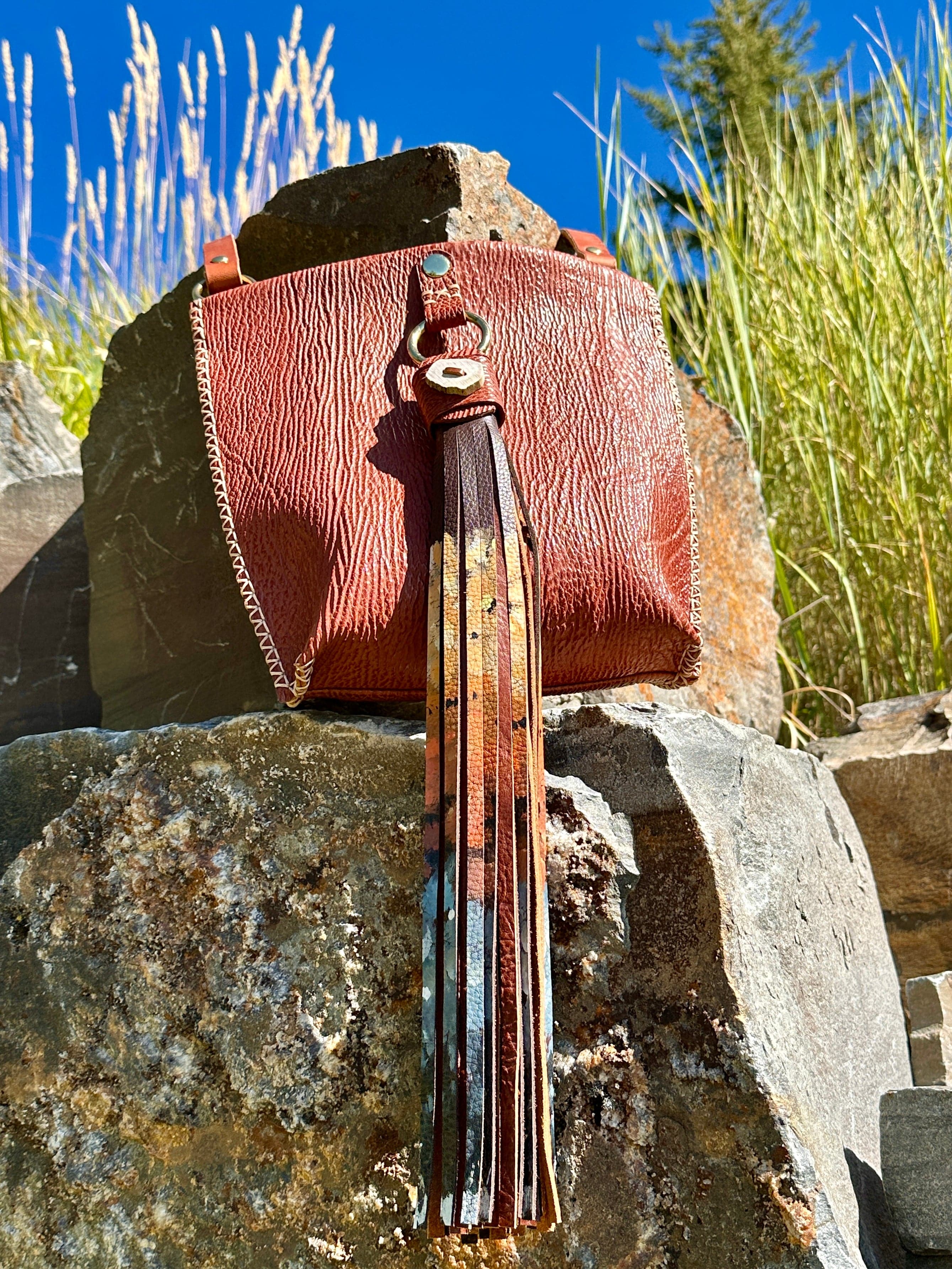 Bridger Leather Crossbody Bag Sharkskin Crossbody with Hand Painted Tassel