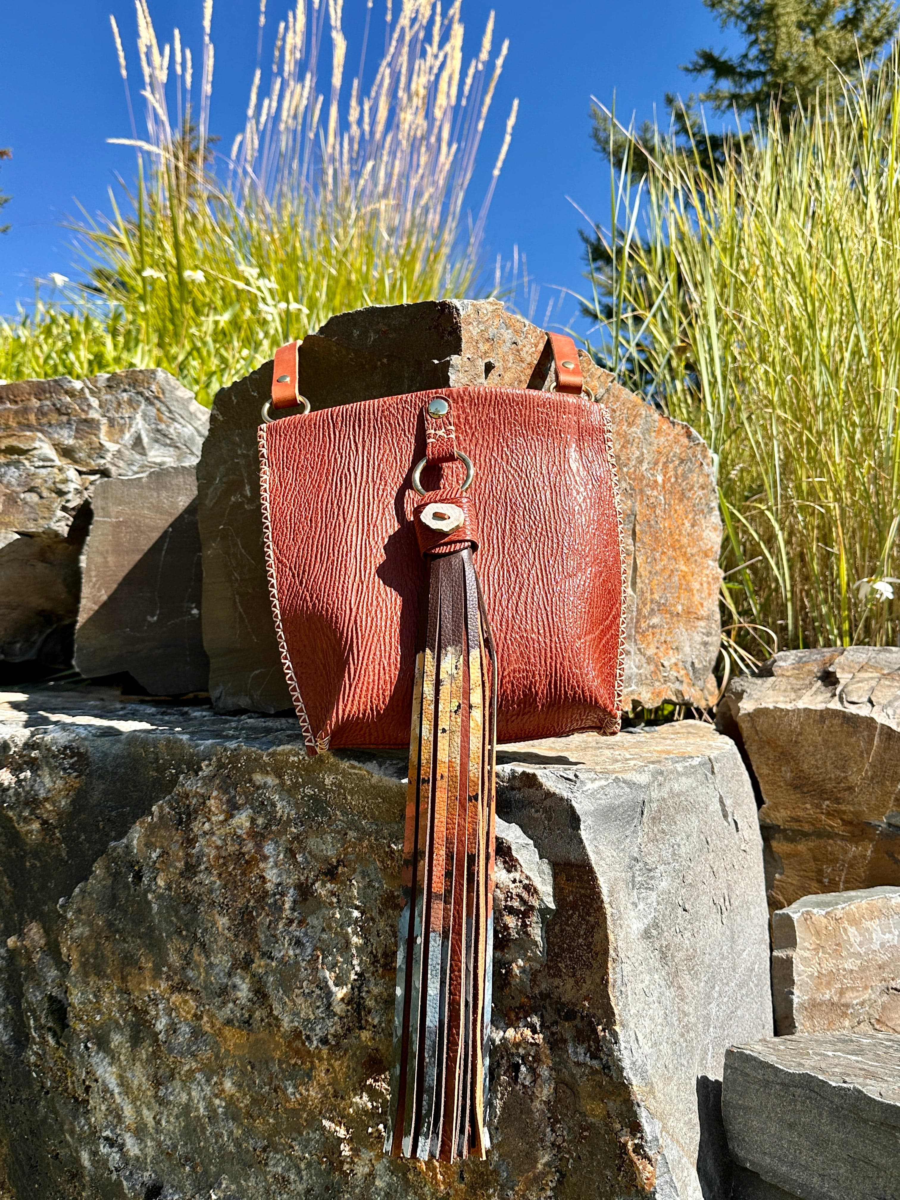 Bridger Leather Crossbody Bag Sharkskin Crossbody with Hand Painted Tassel