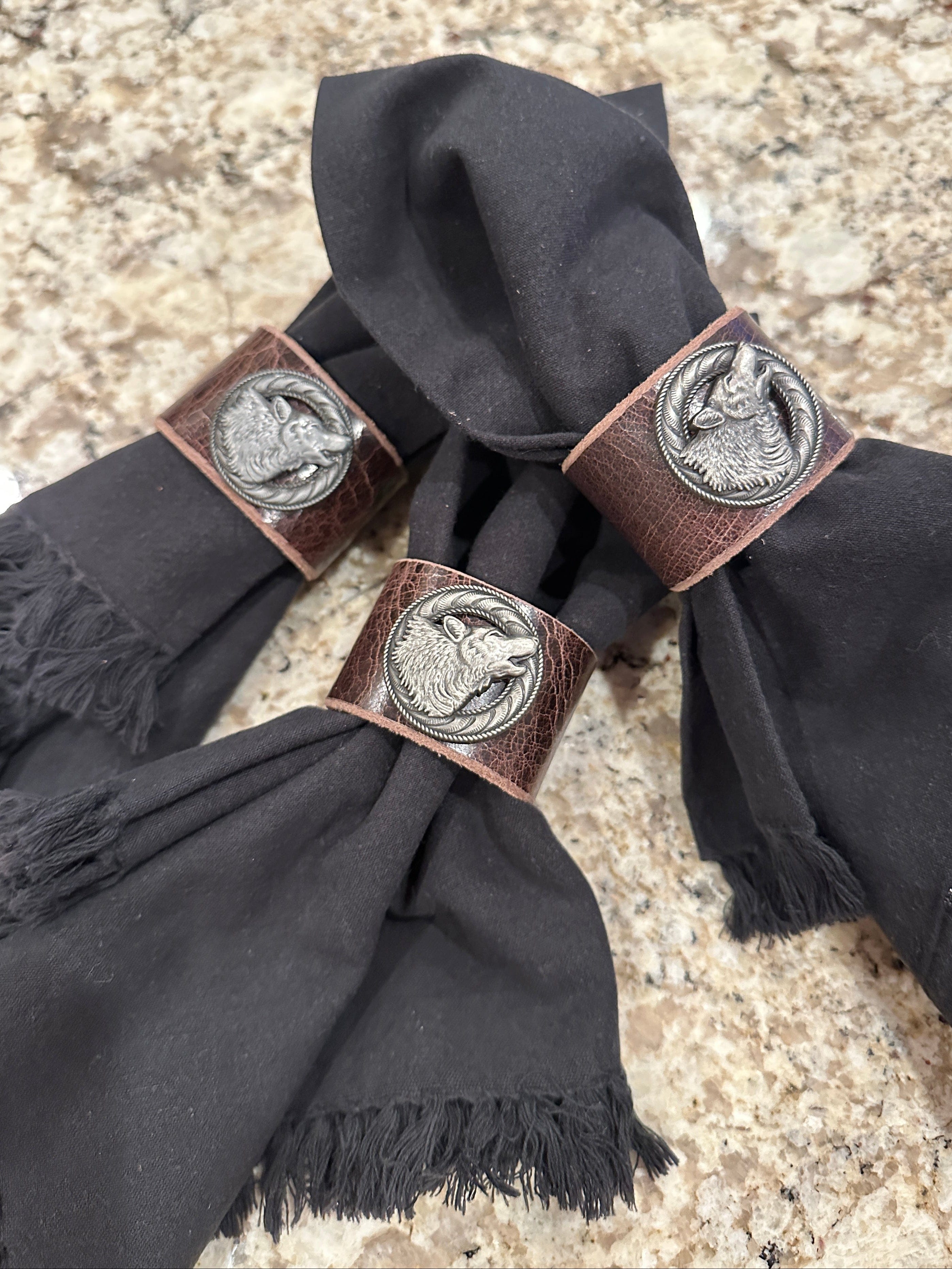 Bridger Leather Home Goods Wolf Concho Napkin Rings - Set of 8