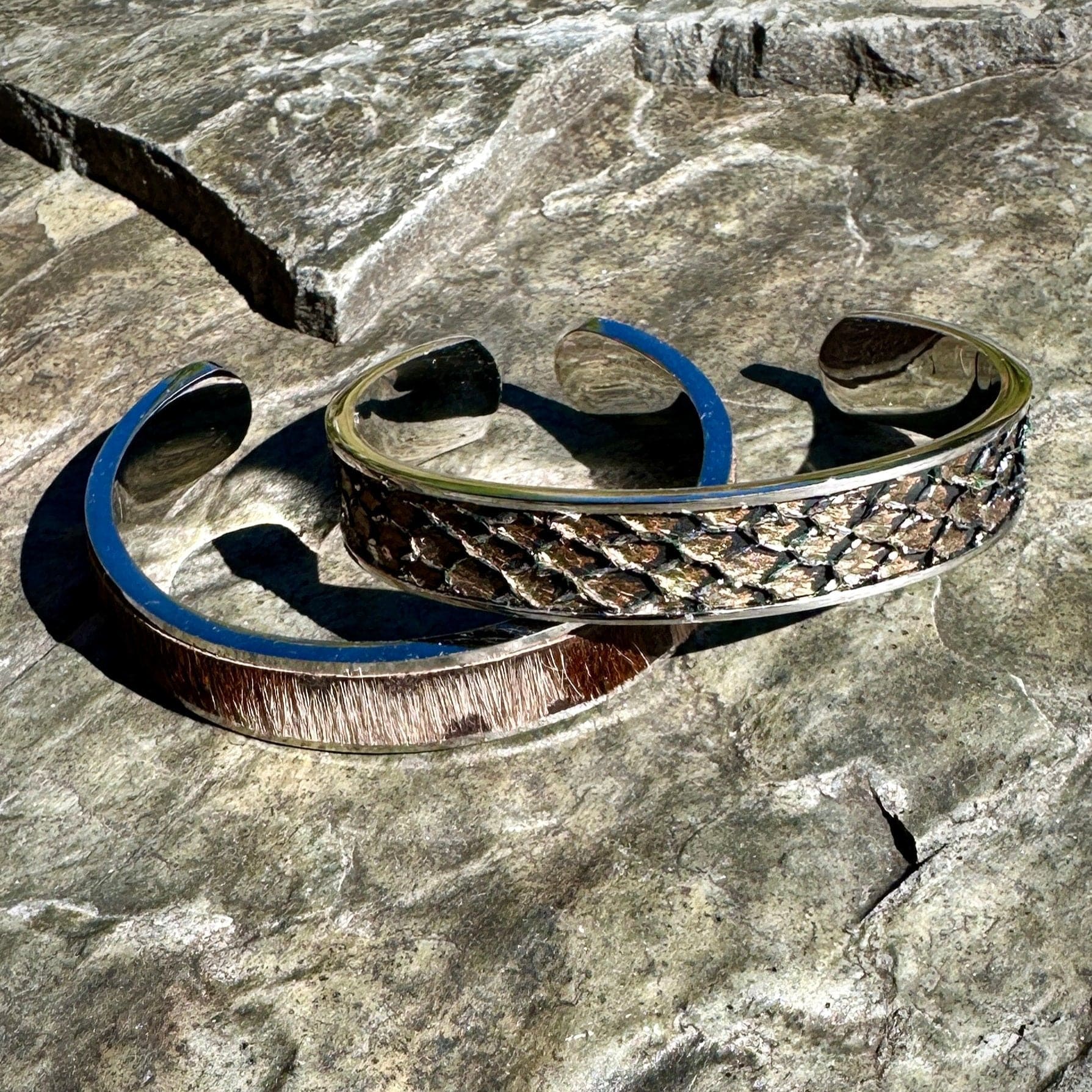 Cuff Bracelets - Stainless Steel with Leather or Hair Hide - Cuff Bracelet - Bridger Leather