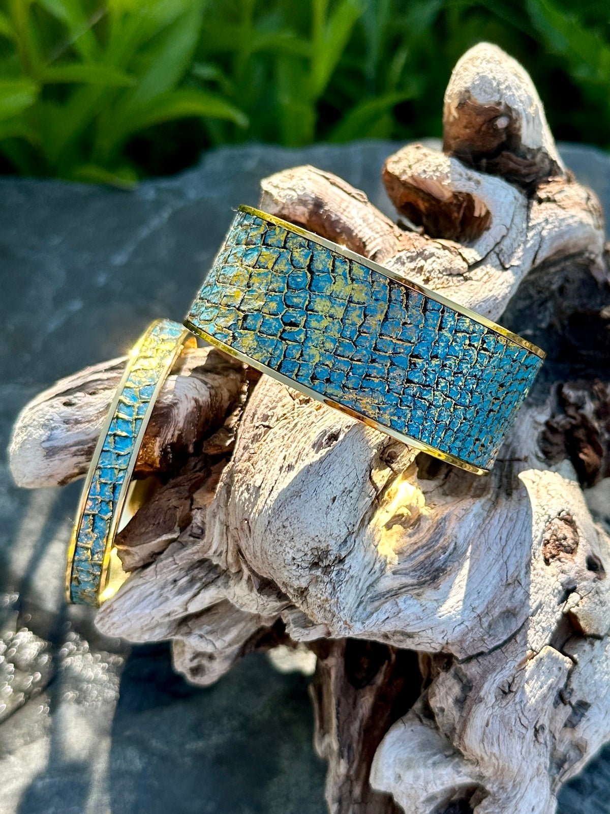 Gold & Turquoise Salmon Leather Cuff and Bracelet Set - Cuff Bracelet - Bridger Leather