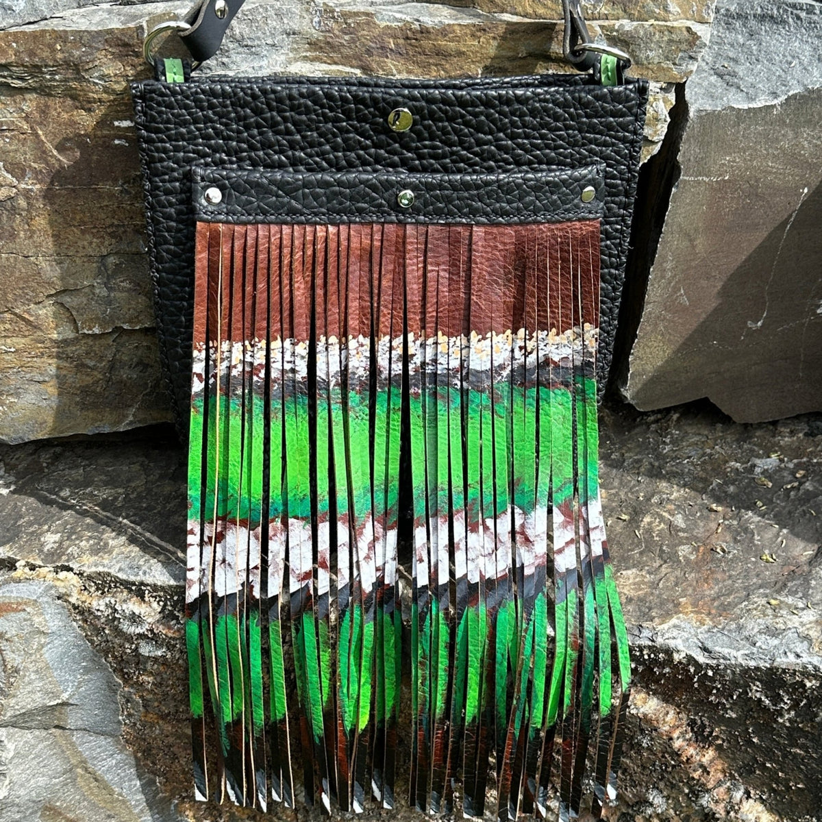 Green-Winged Teal Bison Leather Crossbody | Hand-Painted Fringe - Crossbody Bag - Bridger Leather