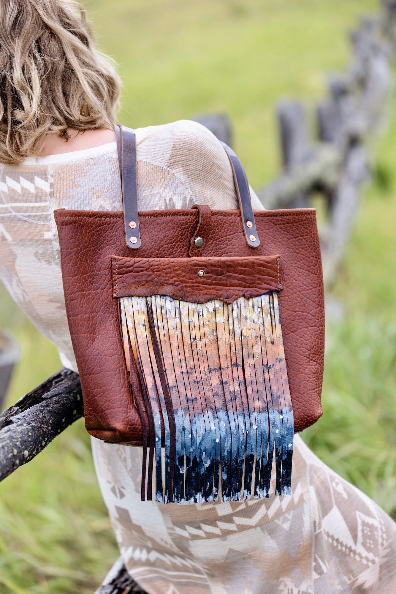 Kestrel Fringe Tote — American Bison Leather with Hand-Painted Fringe - Tote - Bridger Leather