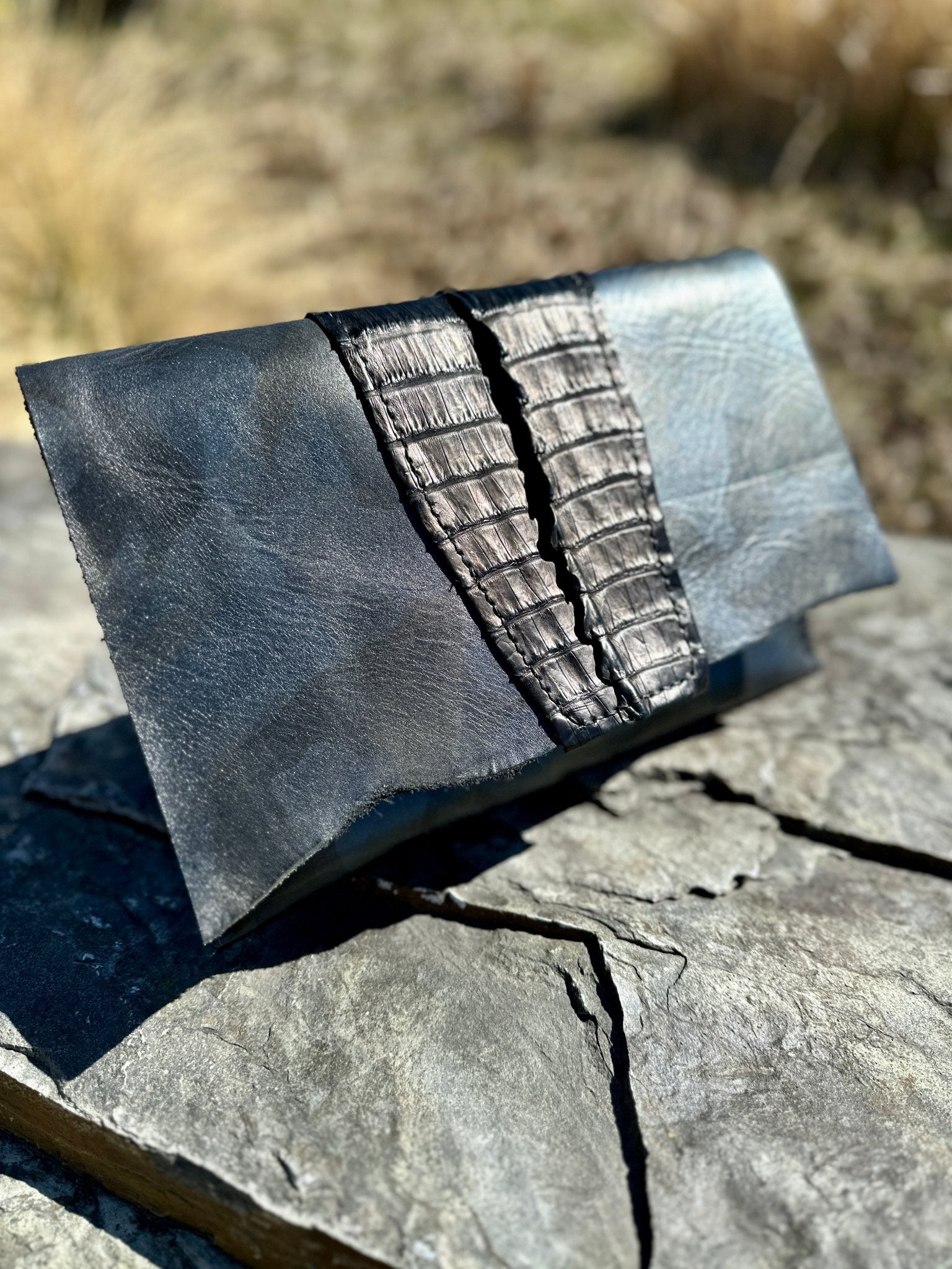 Raven Clutch — Italian Vegetable Tanned Leather & Caiman Skin - Bridger Leather