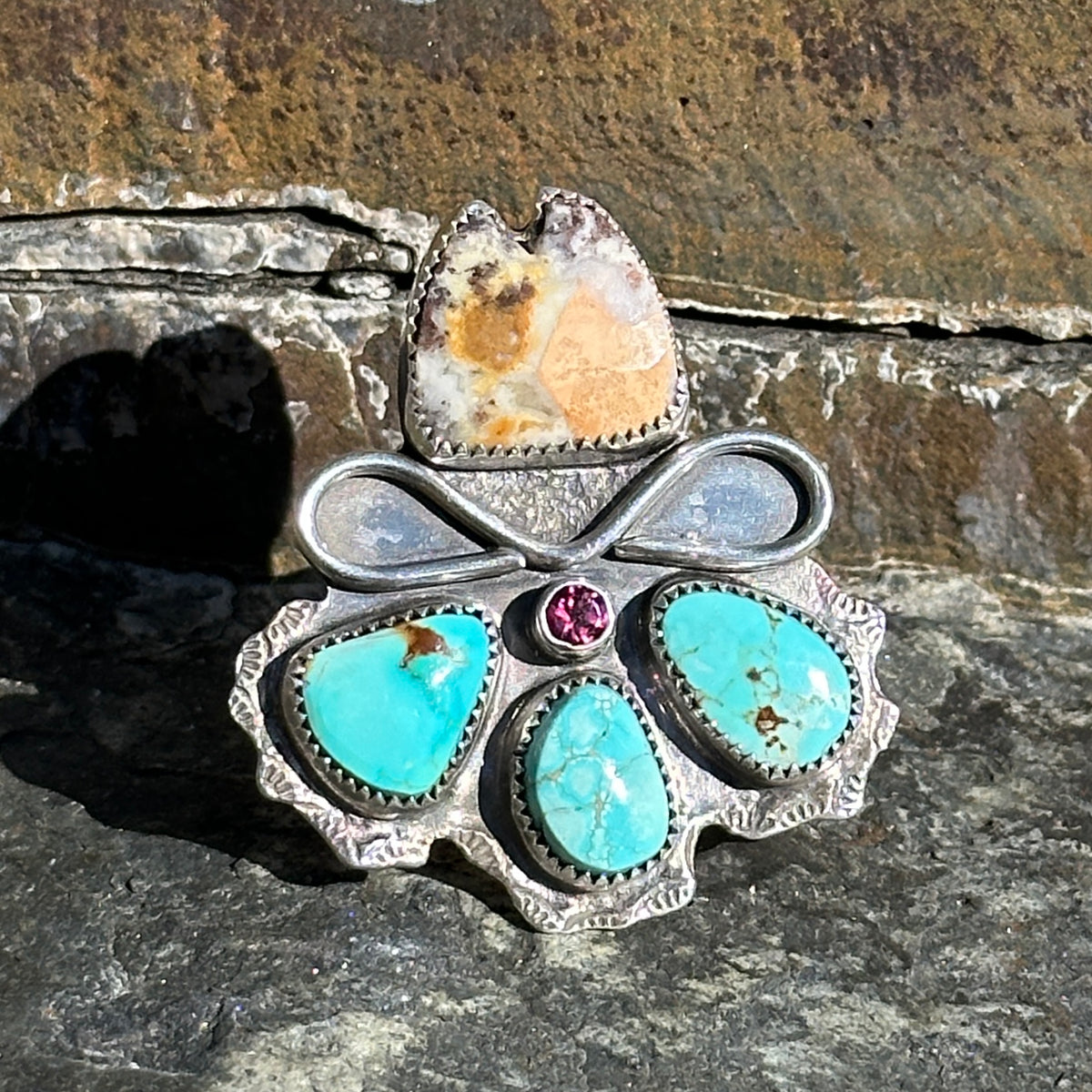 RelicSun Cowgirl Hat Ring, Cowgirl Hat with Rays: sterling silver cowboy hat ring with a cobra jasper crown, lariat rope hatband, three turquoise stones and a ruby