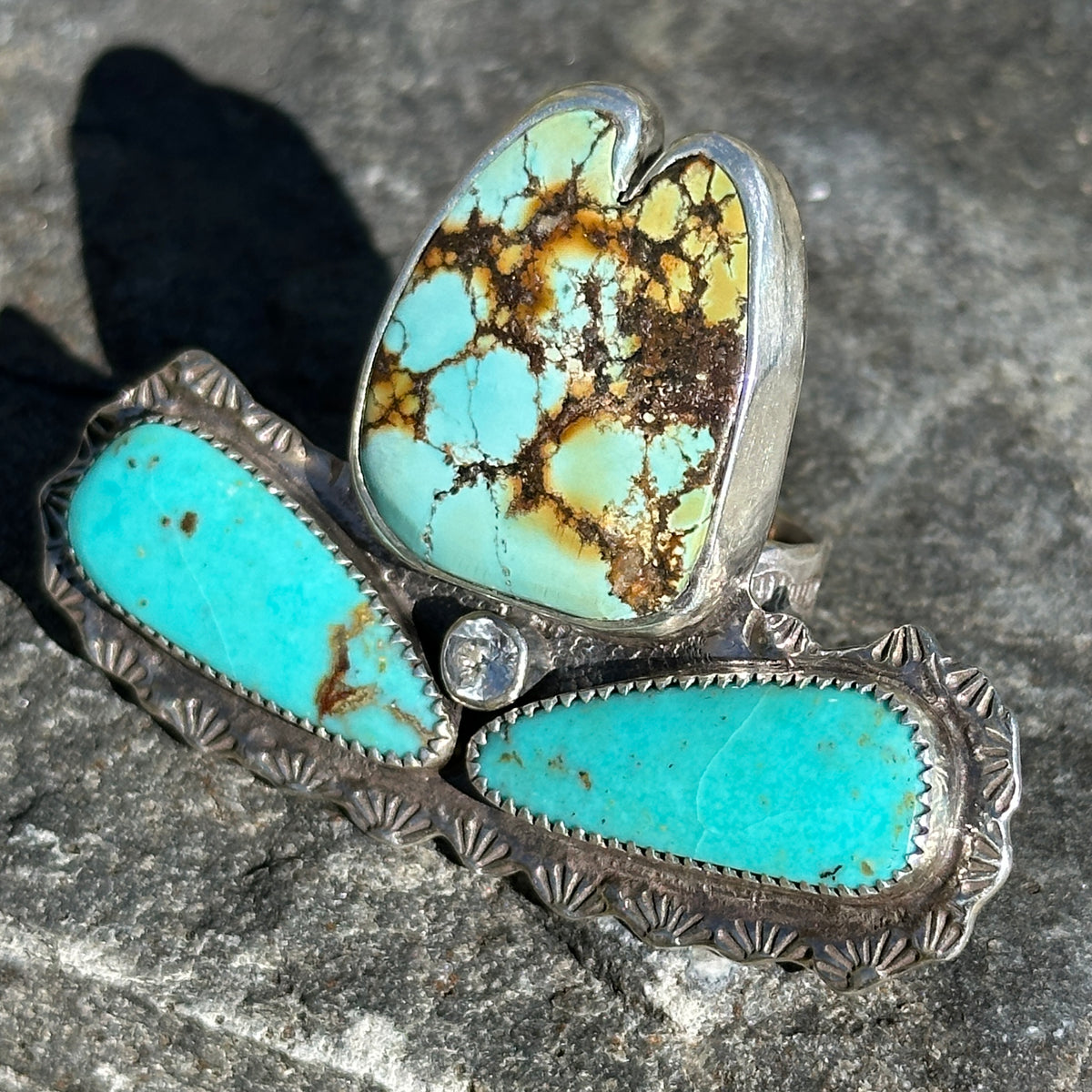 RelicSun Cowgirl Hat Ring, Wide Brim Hat: sterling silver cowboy hat ring with a spiderweb Hubei turquoise crown, stamped Kingman turquoise brim and moissanite hatband