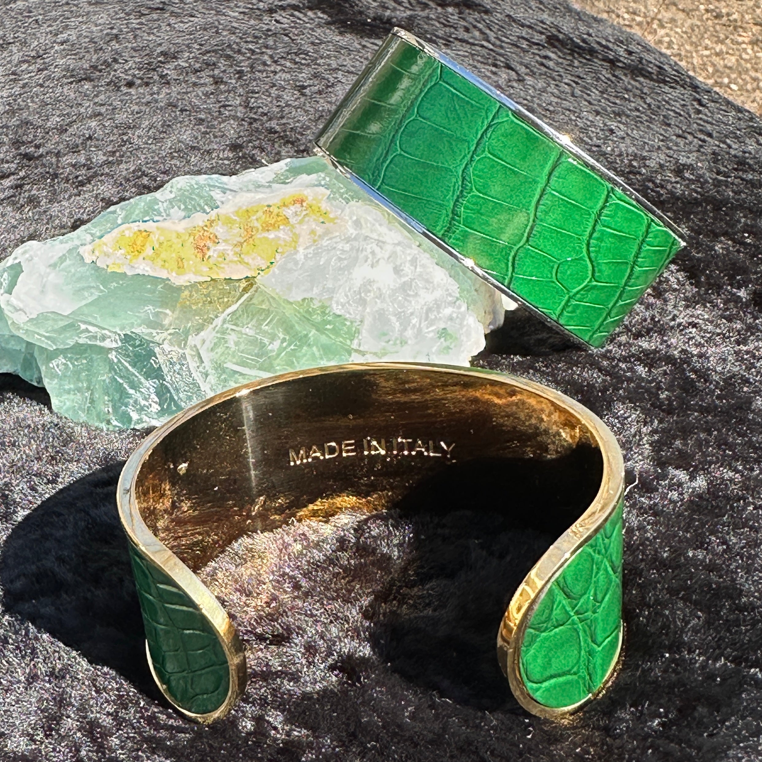 Bridger Leather green alligator inlay cuff bracelet — adjustable open bangle, styled