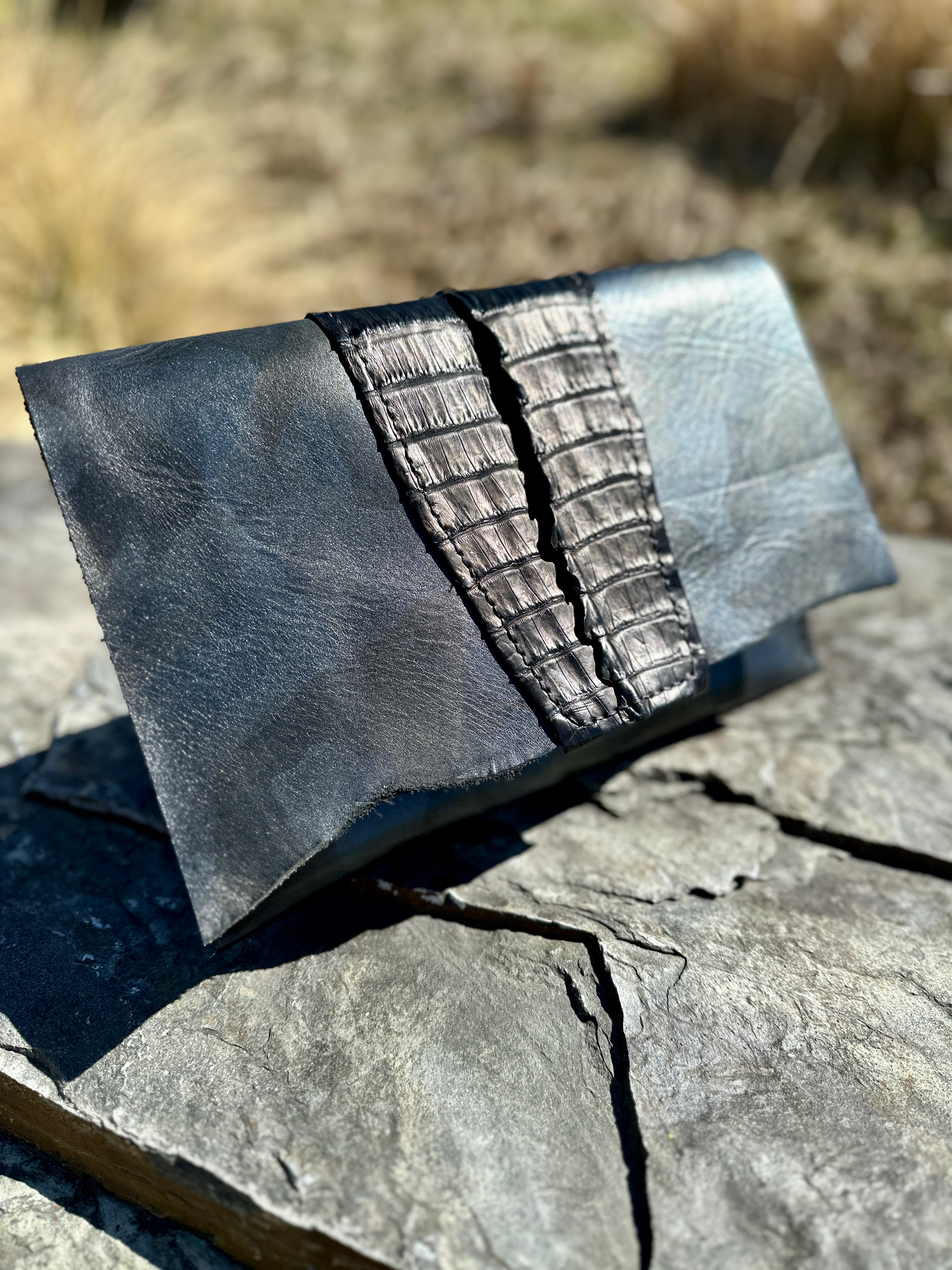 Raven Clutch — Italian Vegetable Tanned Leather & Caiman Skin