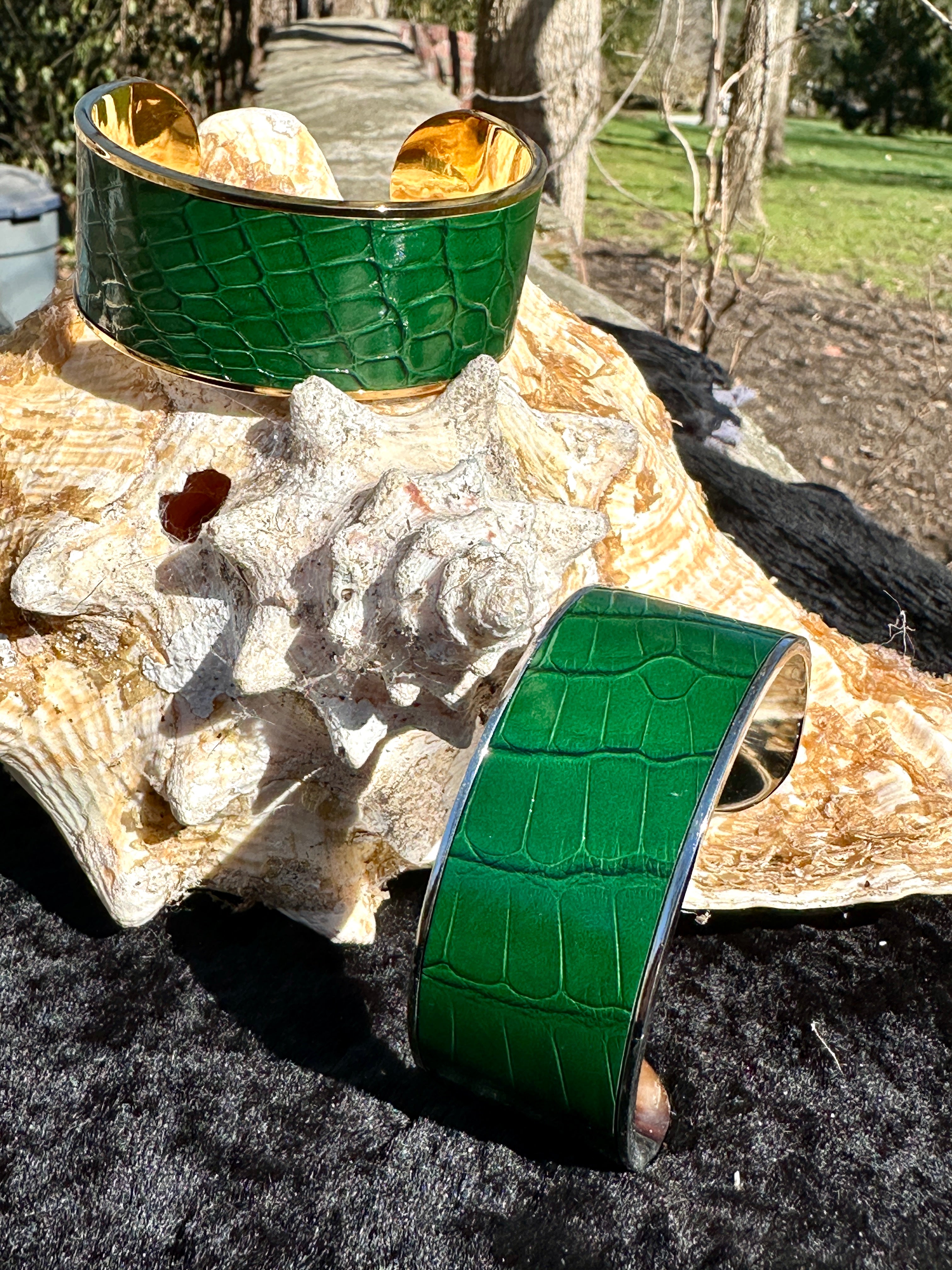 Green alligator leather cuff bracelet hardware detail — 24K gold and stainless steel options