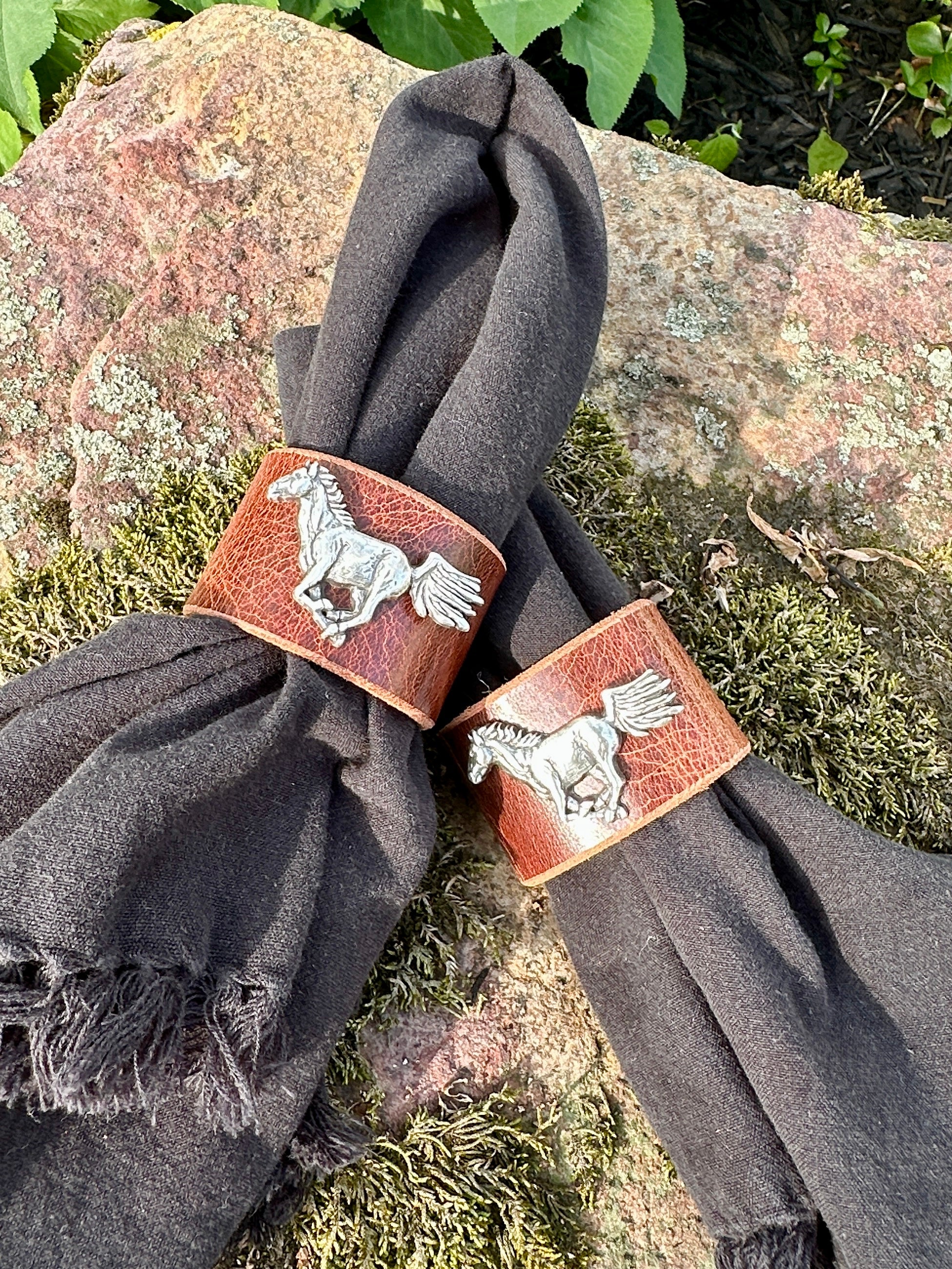 Running horse concho leather napkin rings set of 8 — handmade in Montana