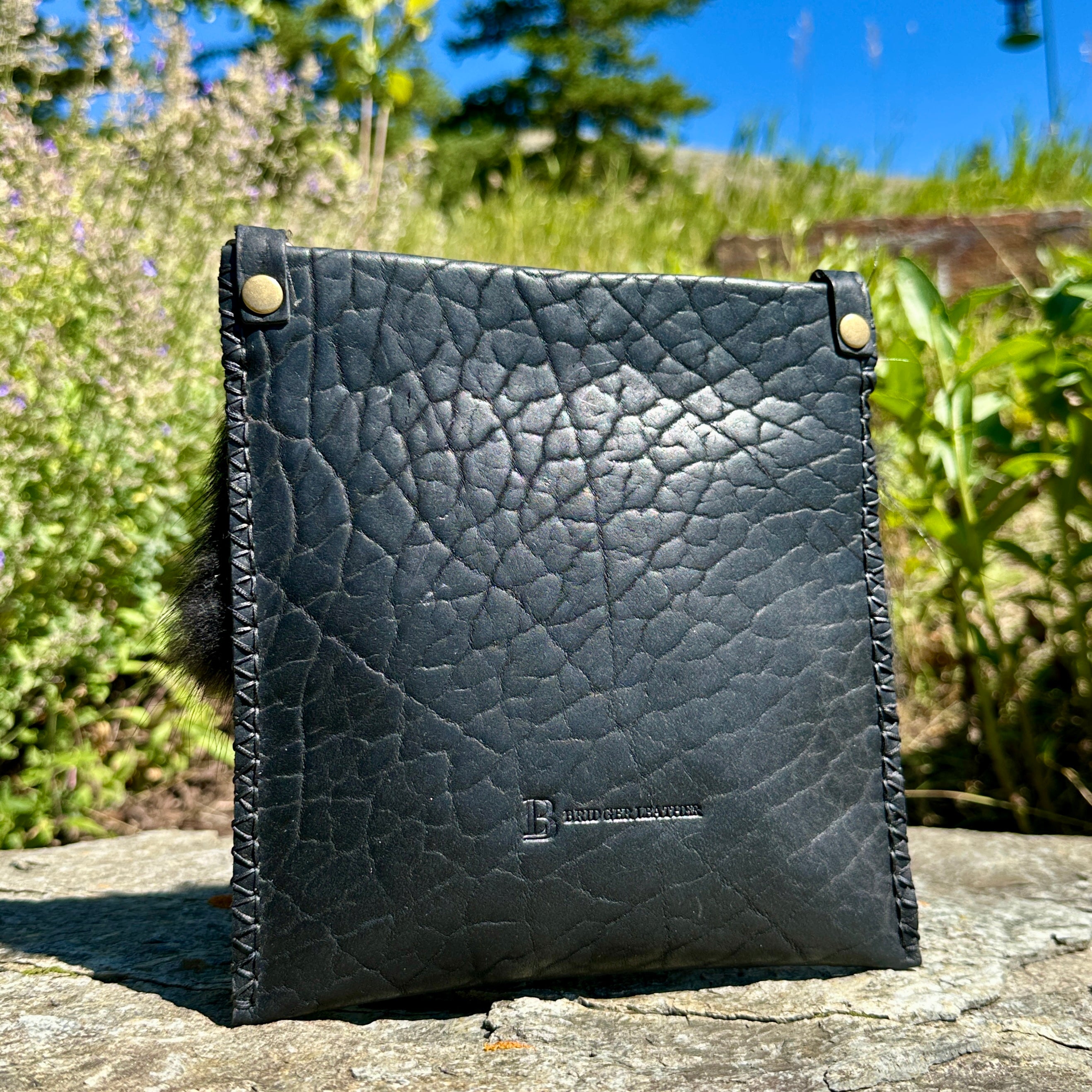 back view of black bison leather small bag