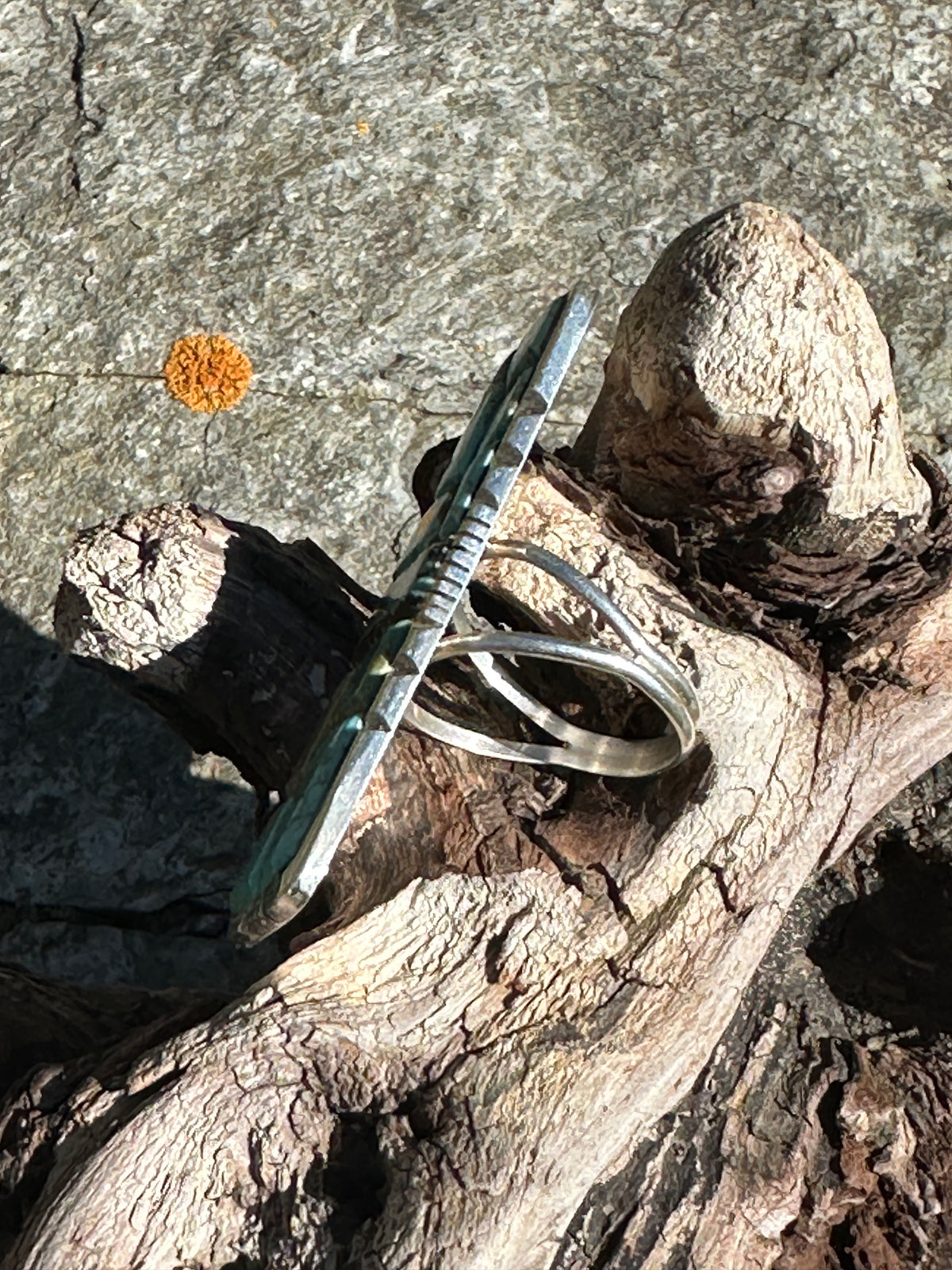 Side profile of the Brandon Etsitty turquoise cobblestone ring showing the notched sterling silver edge and split shank band, resting on driftwood