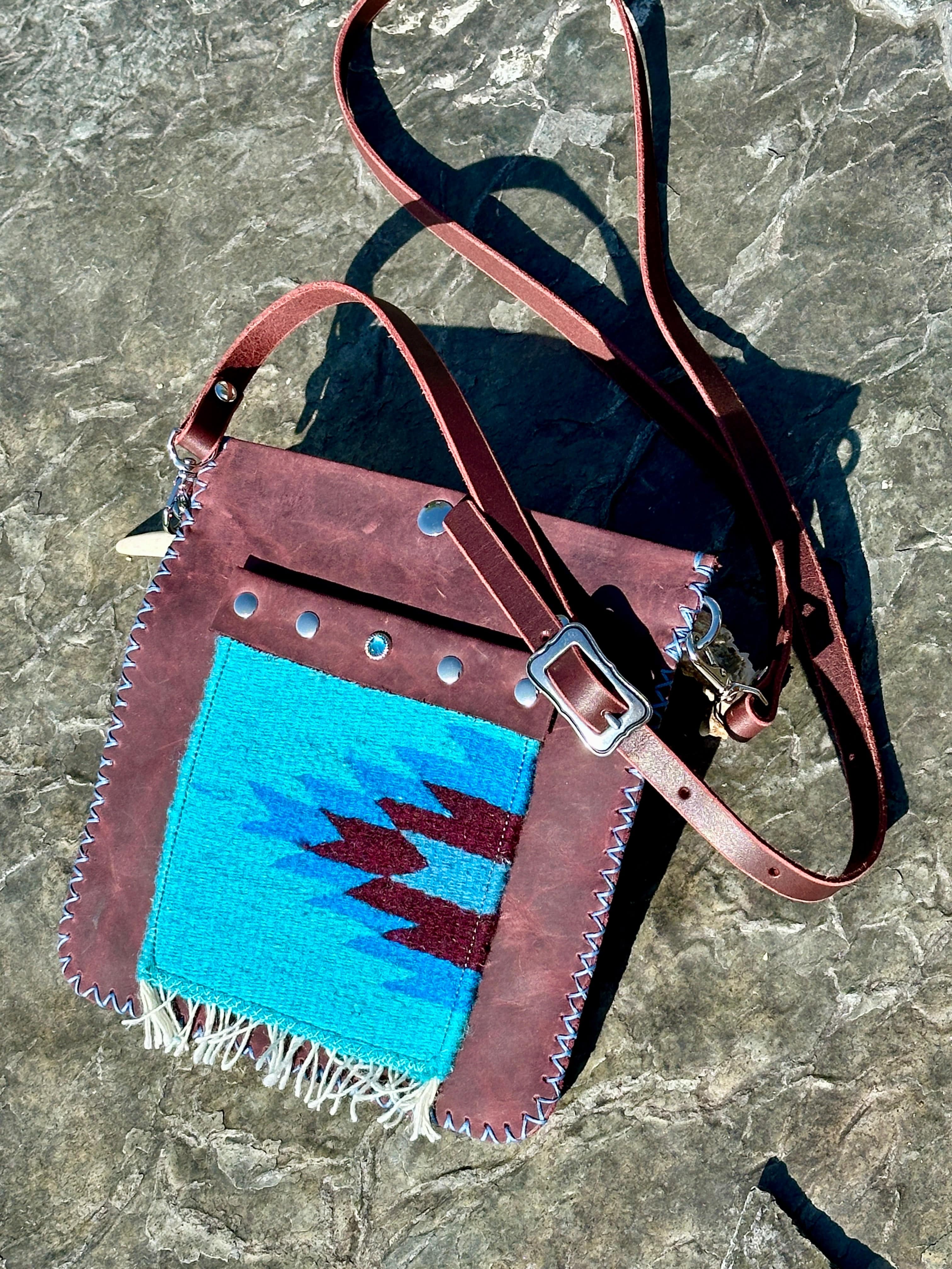 Bridger Leather Dark wine Cow leather with Turquoise & Swarovski Crystal Pocket JULIA