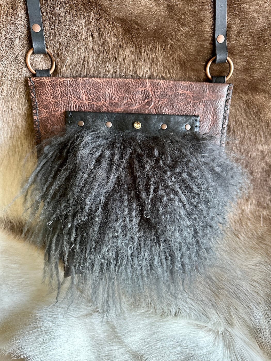 Bridger Leather Crossbody Bag Black Little Fawn with Tibetan Lamb Fur