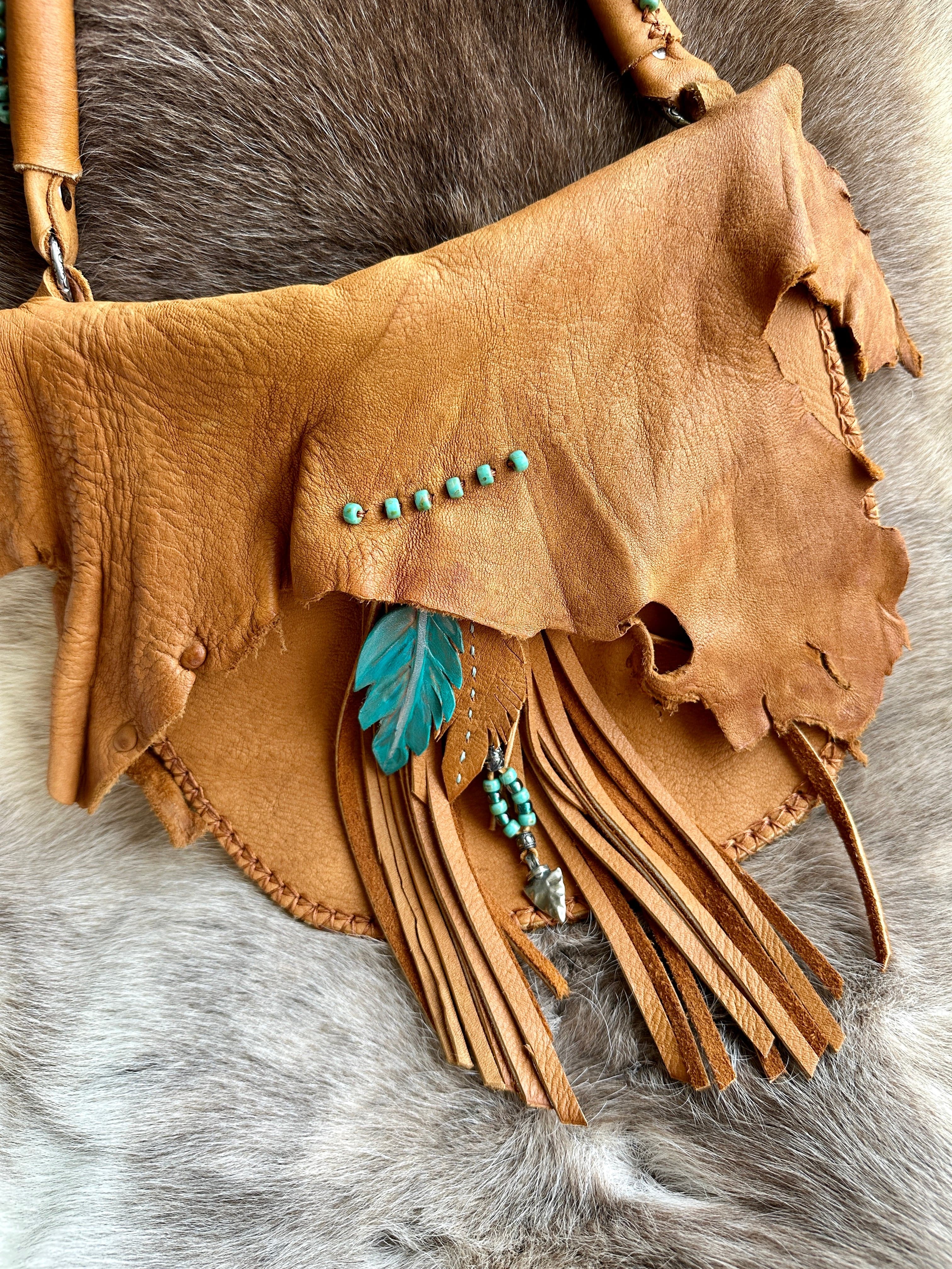 Bridger Leather Shoulder Bag Sacajawea Bag with Turquoise