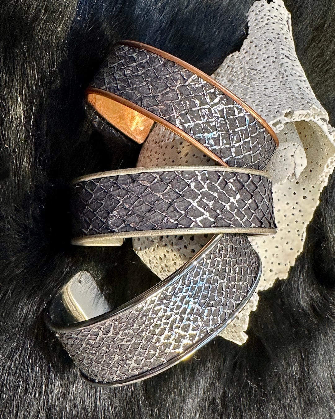 Bridger Leather Cuff Bracelet ½" wide / Black salmon leather with silver leaf / Matte Silver Salmon Fish Leather Cuff Bracelets - Assorted sizes