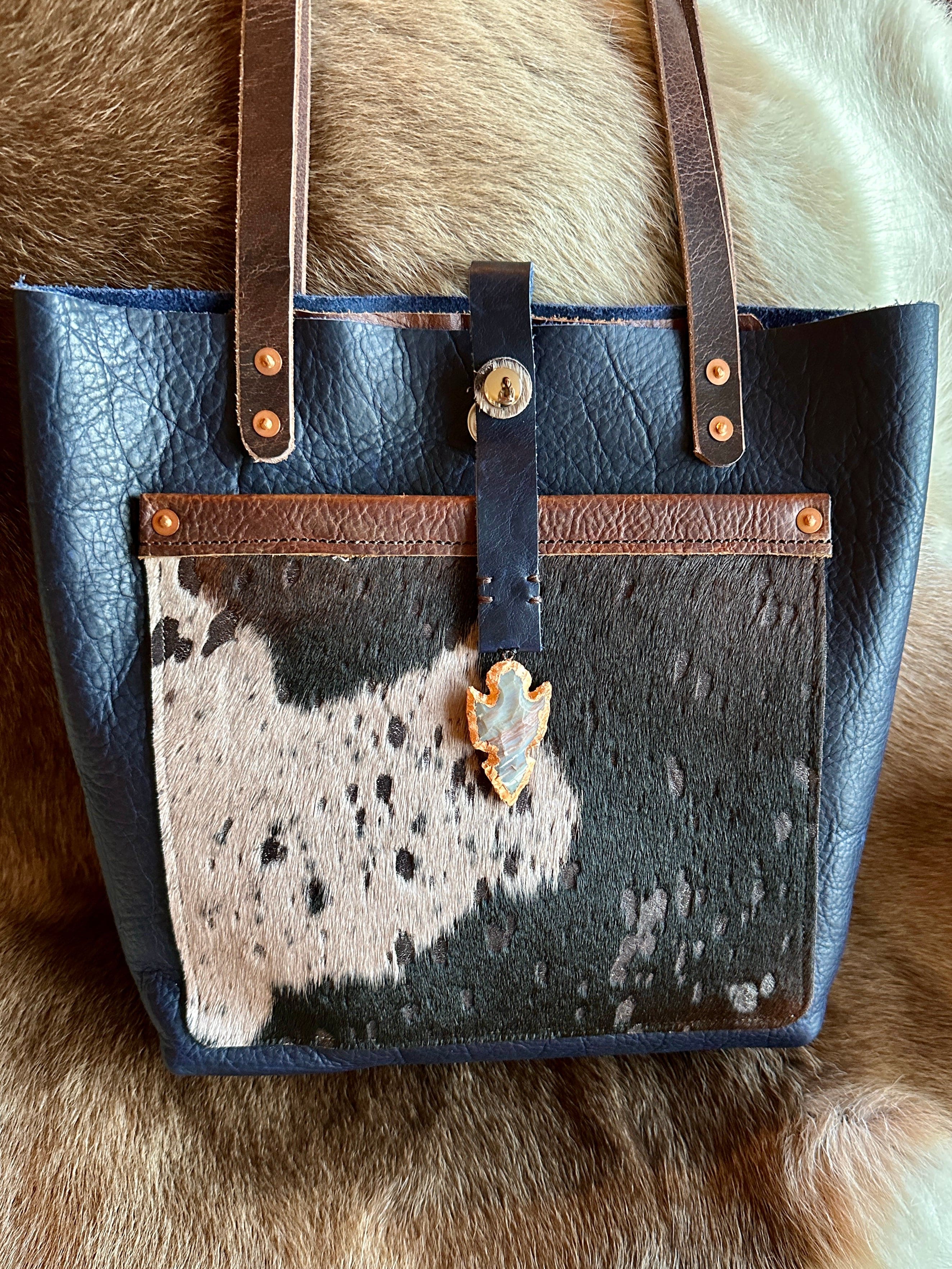 Bridger Leather Tote Navy Leather with Stone Arrowhead Dangle. The Bridger Tote