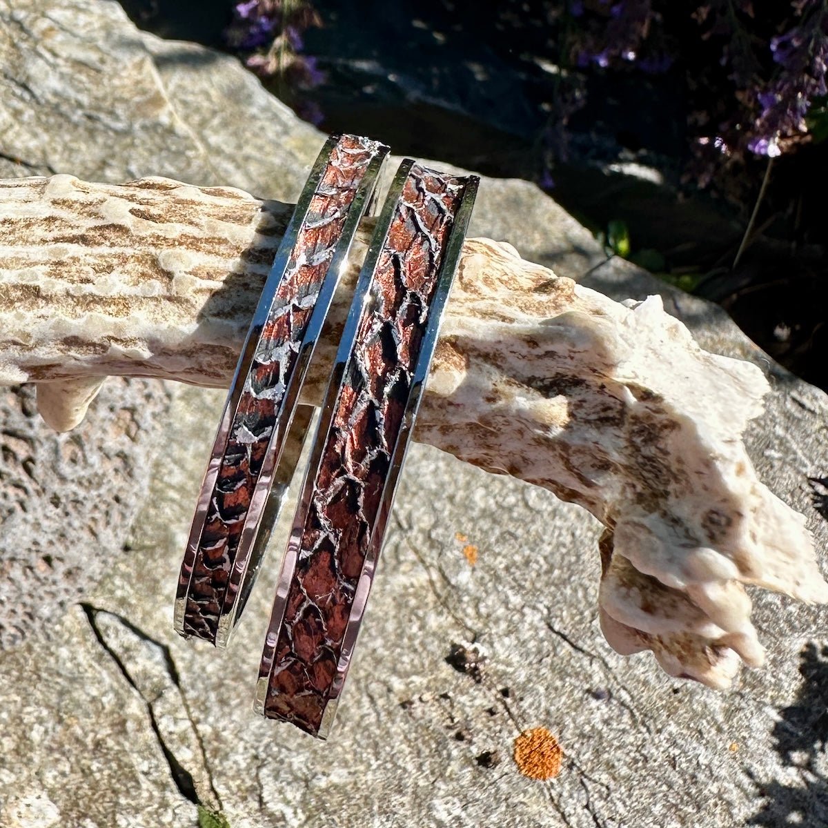 Bronze and Silver Metallic Salmon Leather Inlay on Stainless Steel - Bracelet - Bridger Leather