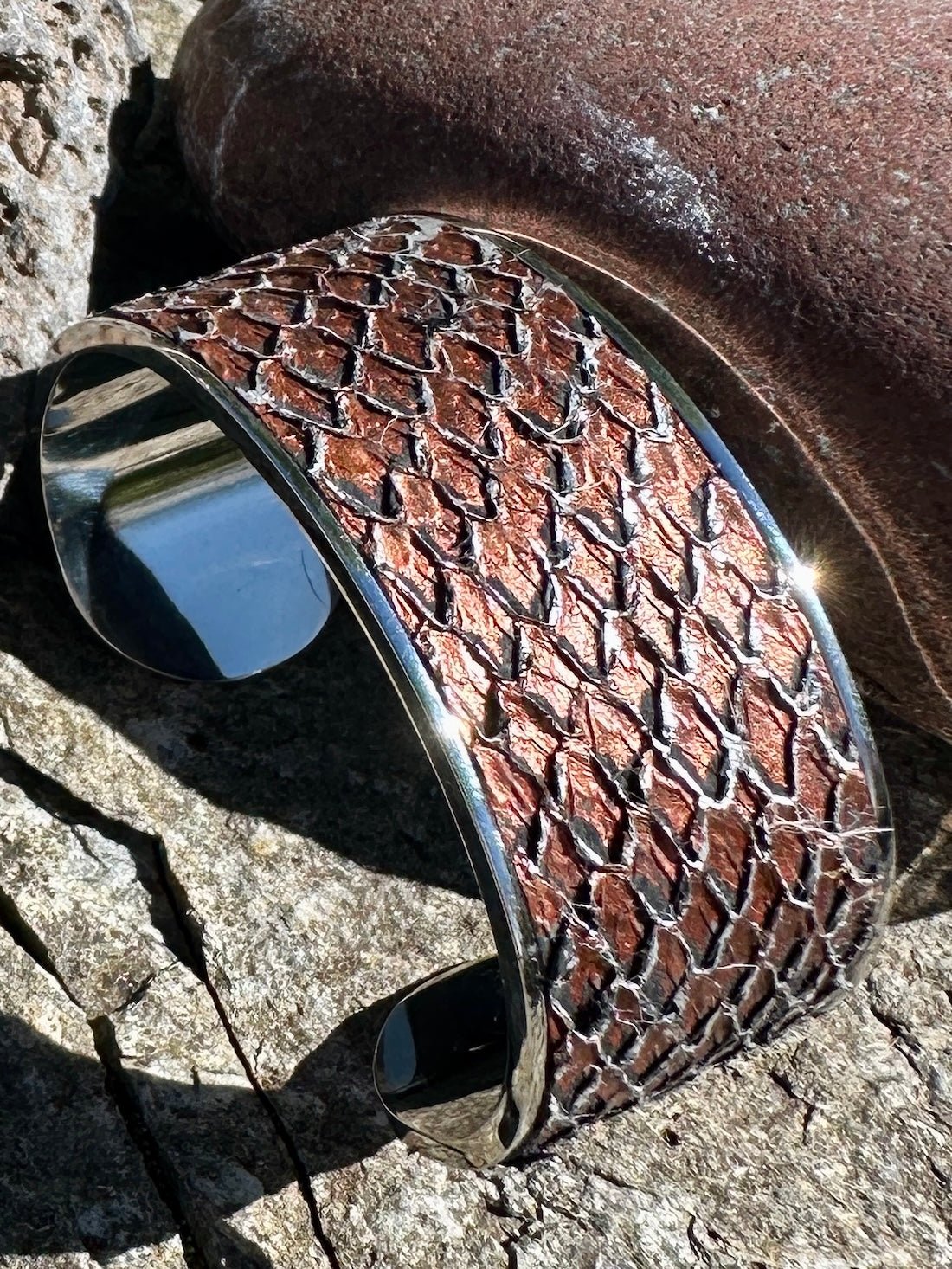 Bronze and Silver Metallic Salmon Leather Inlay on Stainless Steel - Bracelet - Bridger Leather