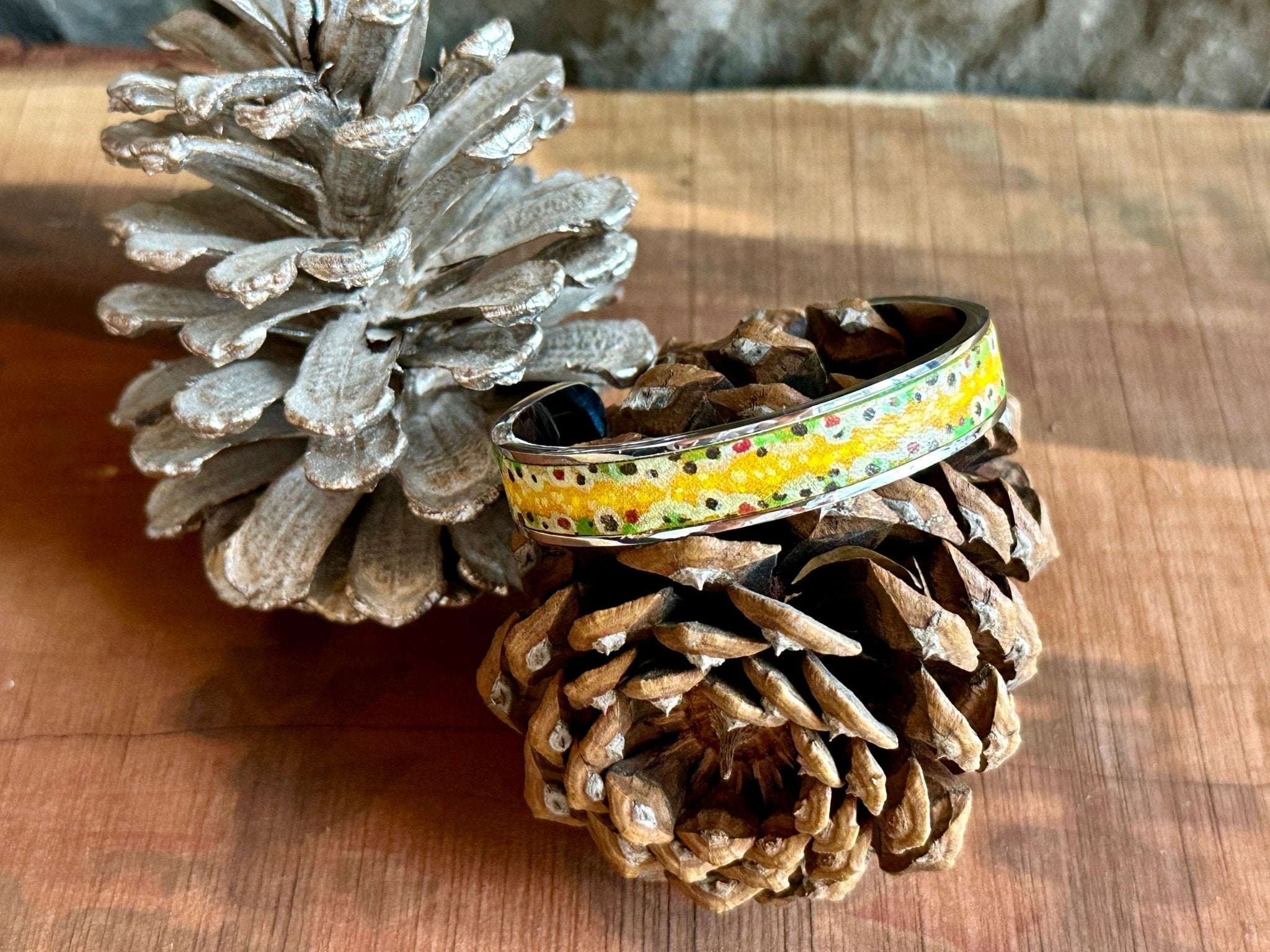 Brown Trout Leather Inlay Cuff Bracelet - Cuff Bracelet - Bridger Leather