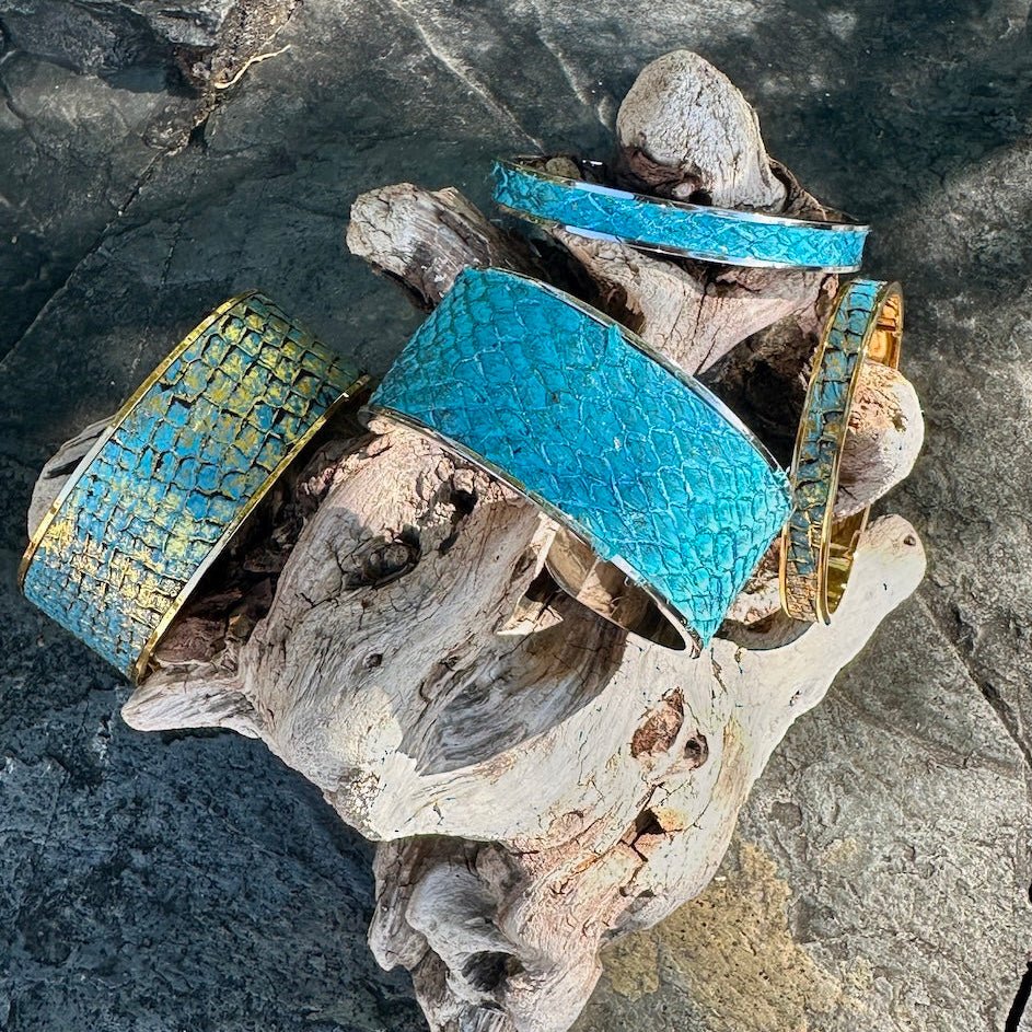 Gold & Turquoise Salmon Leather Cuff and Bracelet Set - Cuff Bracelet - Bridger Leather