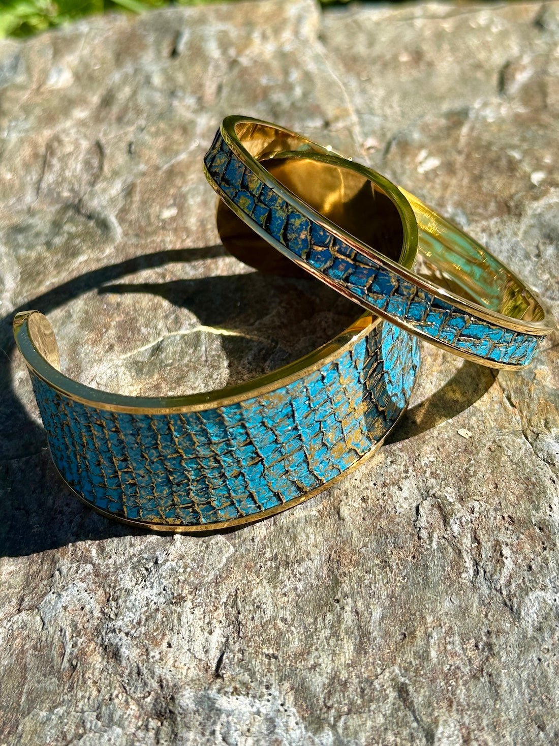 Gold & Turquoise Salmon Leather Cuff and Bracelet Set - Cuff Bracelet - Bridger Leather