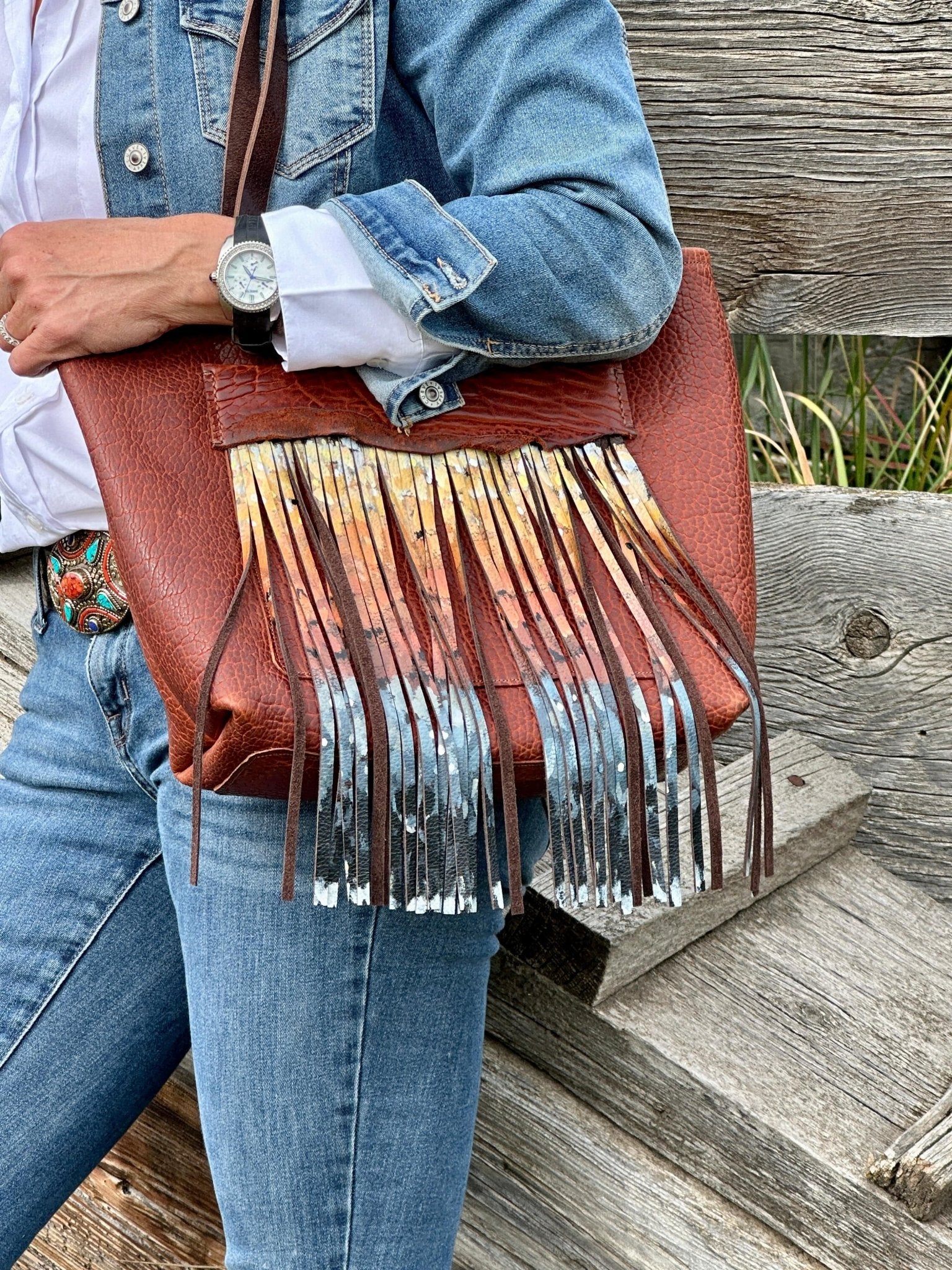 Kestrel Fringe Tote — American Bison Leather with Hand-Painted Fringe - Tote - Bridger Leather