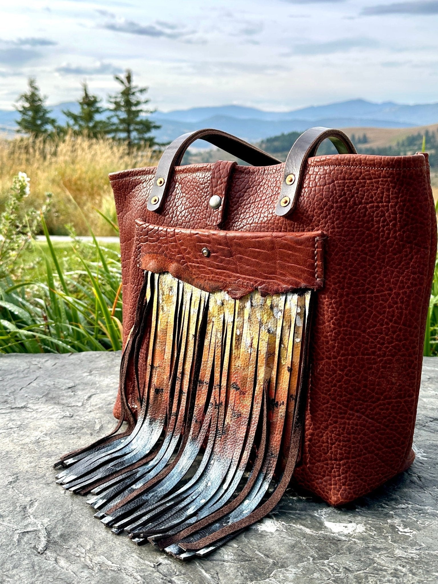 Kestrel Fringe Tote — American Bison Leather with Hand-Painted Fringe - Tote - Bridger Leather