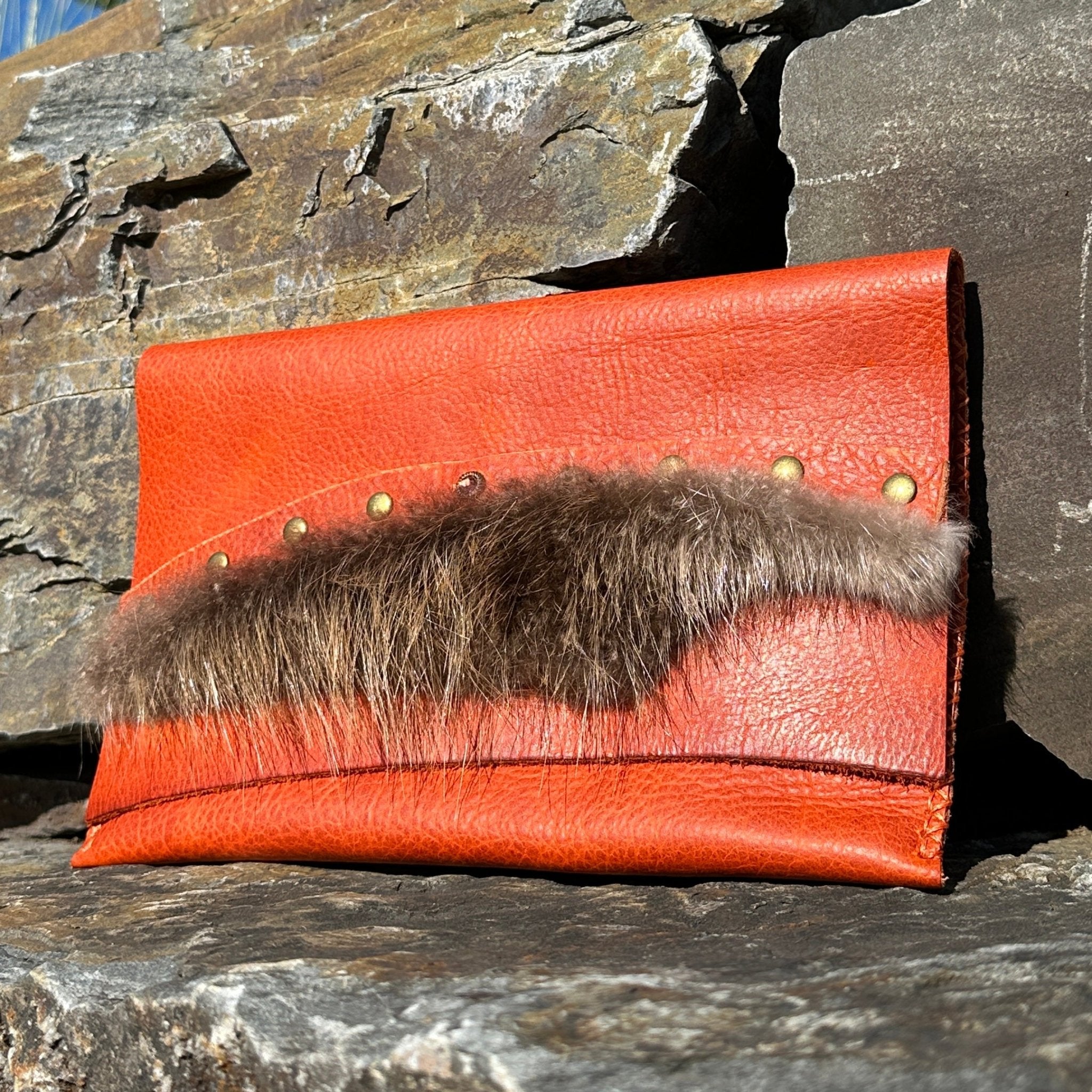 Persimmon Leather Clutch with Beaver Fur Trim - Bridger Leather