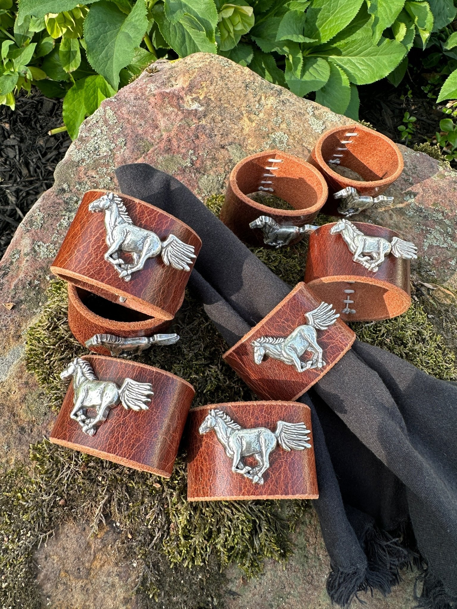 Running Horse Concho Leather Napkin Rings - Set of 8 - Home Goods - Bridger Leather