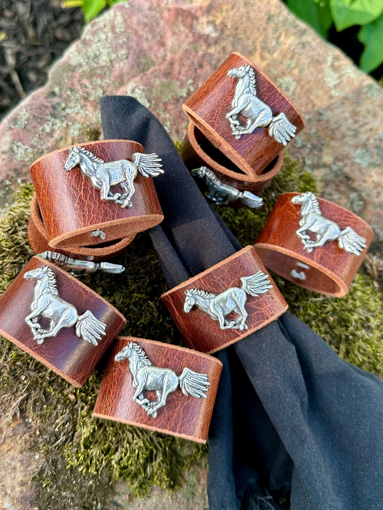 Running Horse Concho Leather Napkin Rings - Set of 8 - Home Goods - Bridger Leather