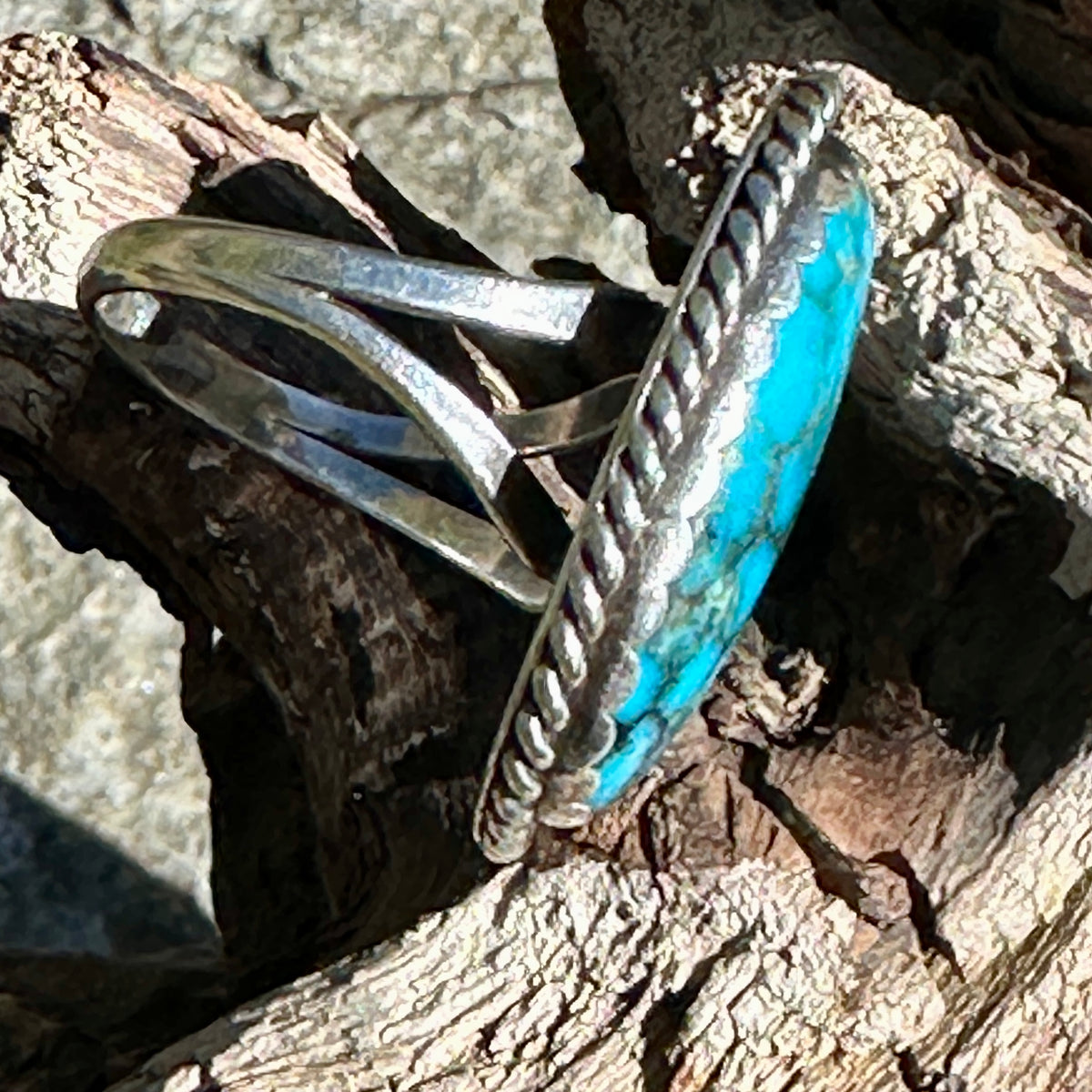 Side profile of the turquoise ring showing the twisted-rope bezel and split shank sterling silver band, resting on driftwood
