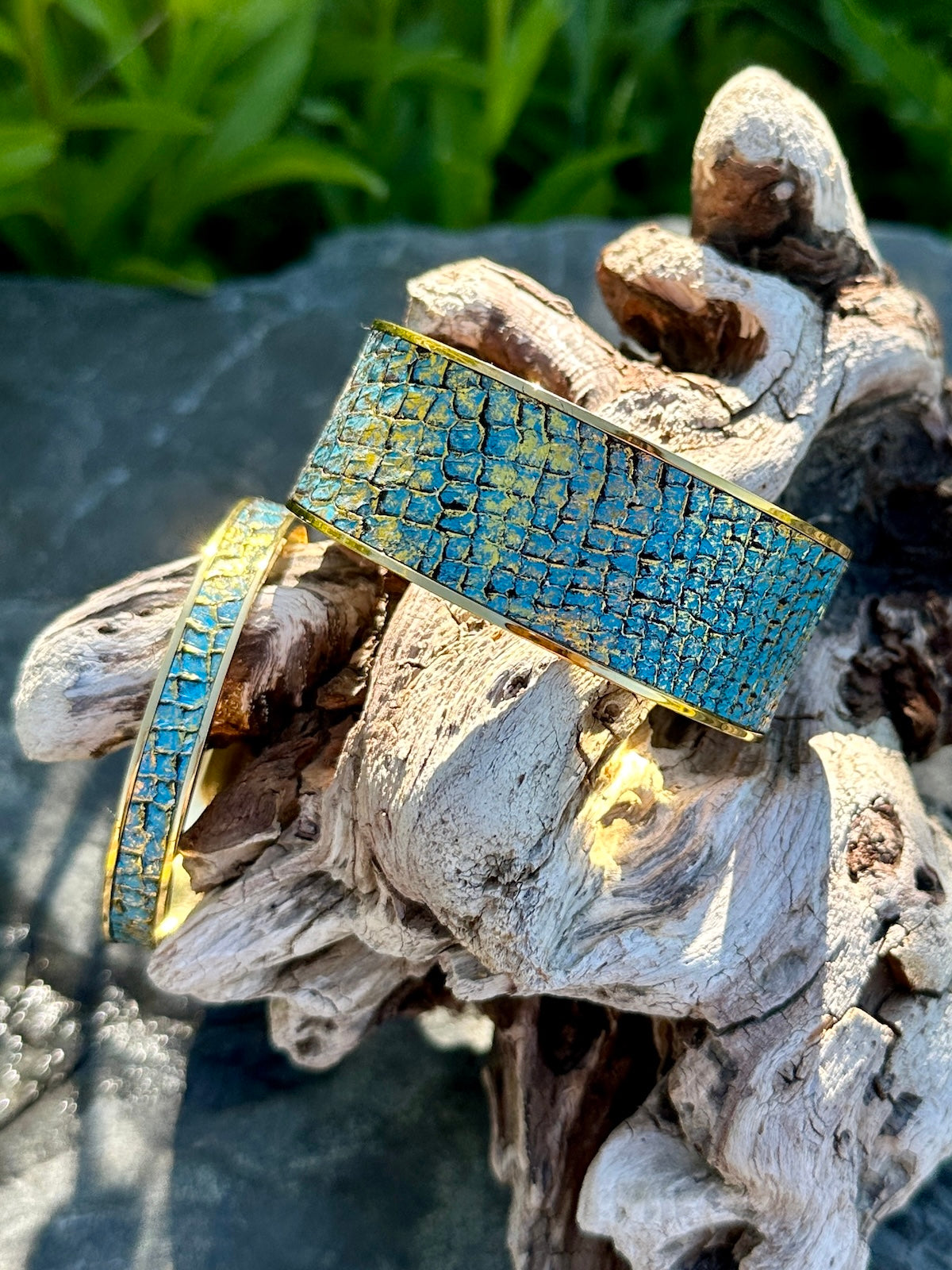 Gold & Turquoise Salmon Leather Cuff - Wide