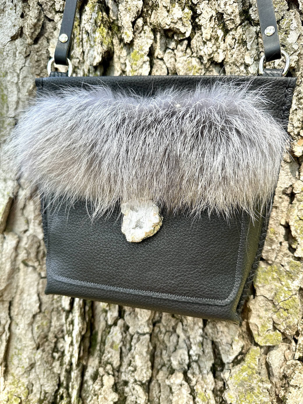 Black crossbody bag with silver fox trim